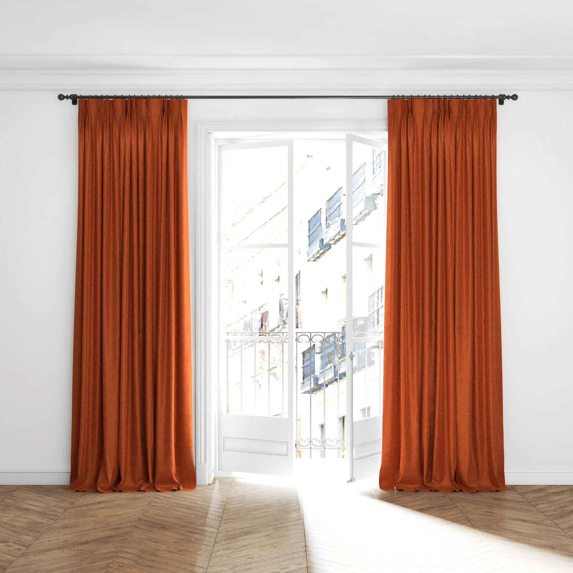 Full view of Brigadier Pumpkin, puddled with pinch pleat, on curtain rod