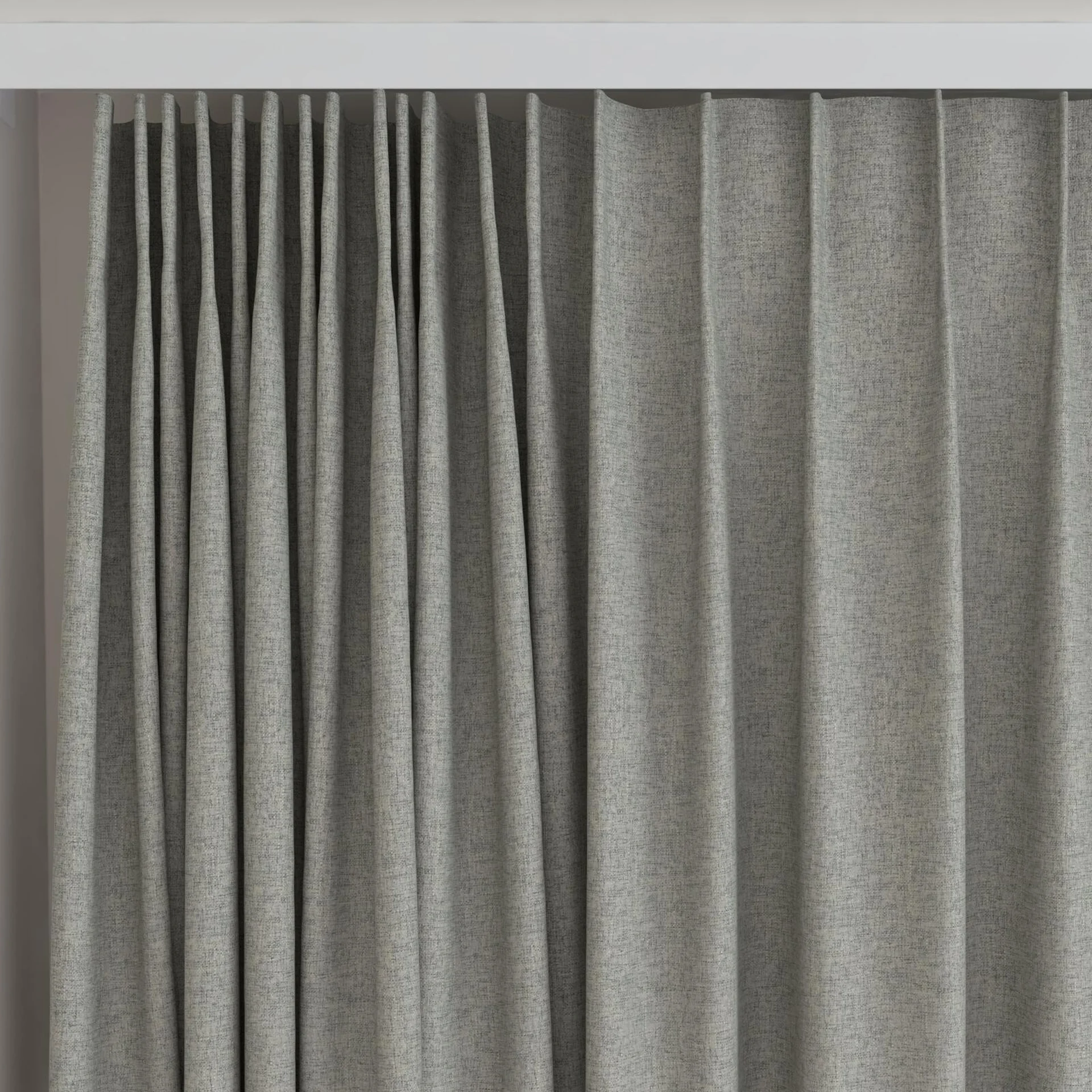 Top view of Retreat II Blue Charcoal, on curtain rail