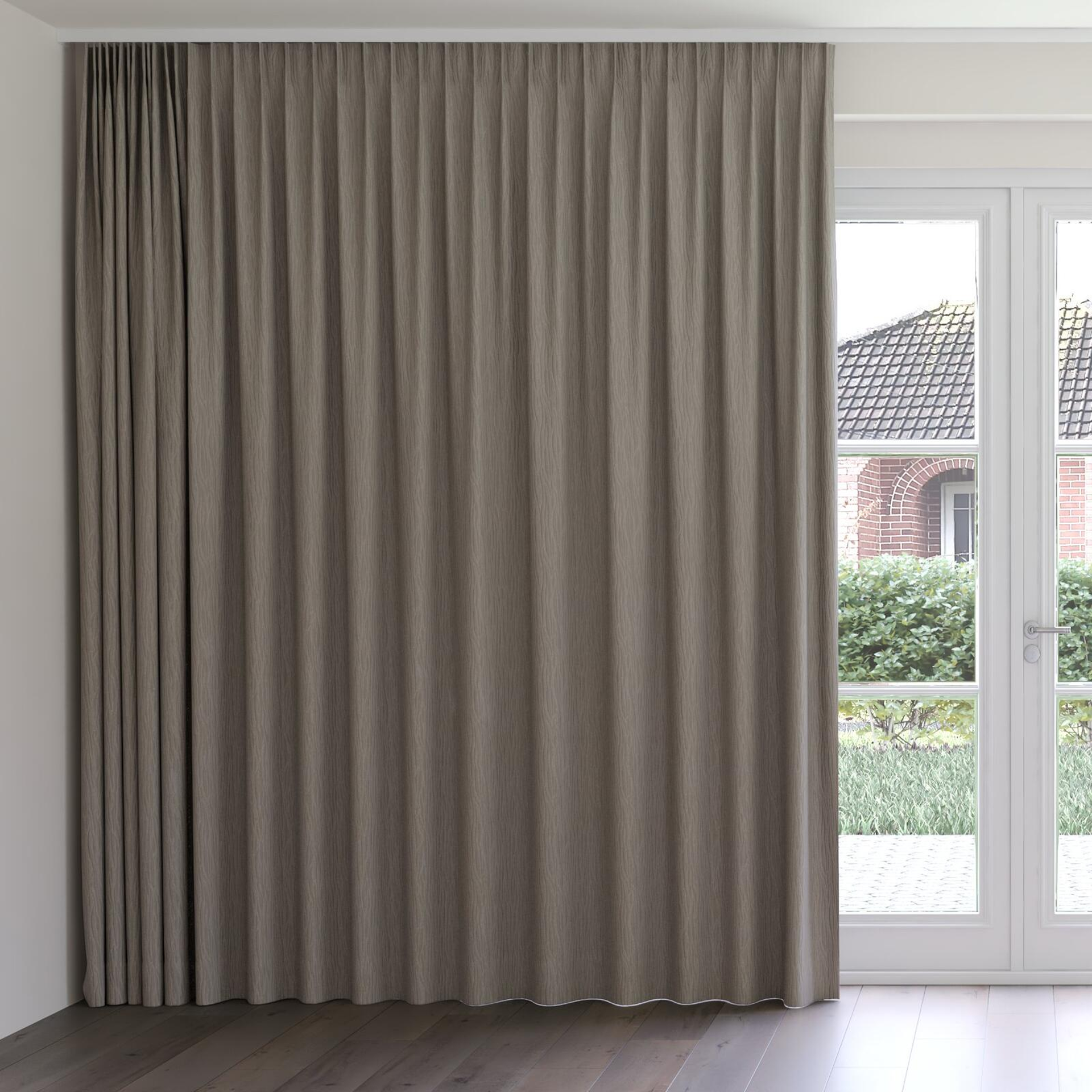 Front view of Sandrift Sepia, on curtain rail