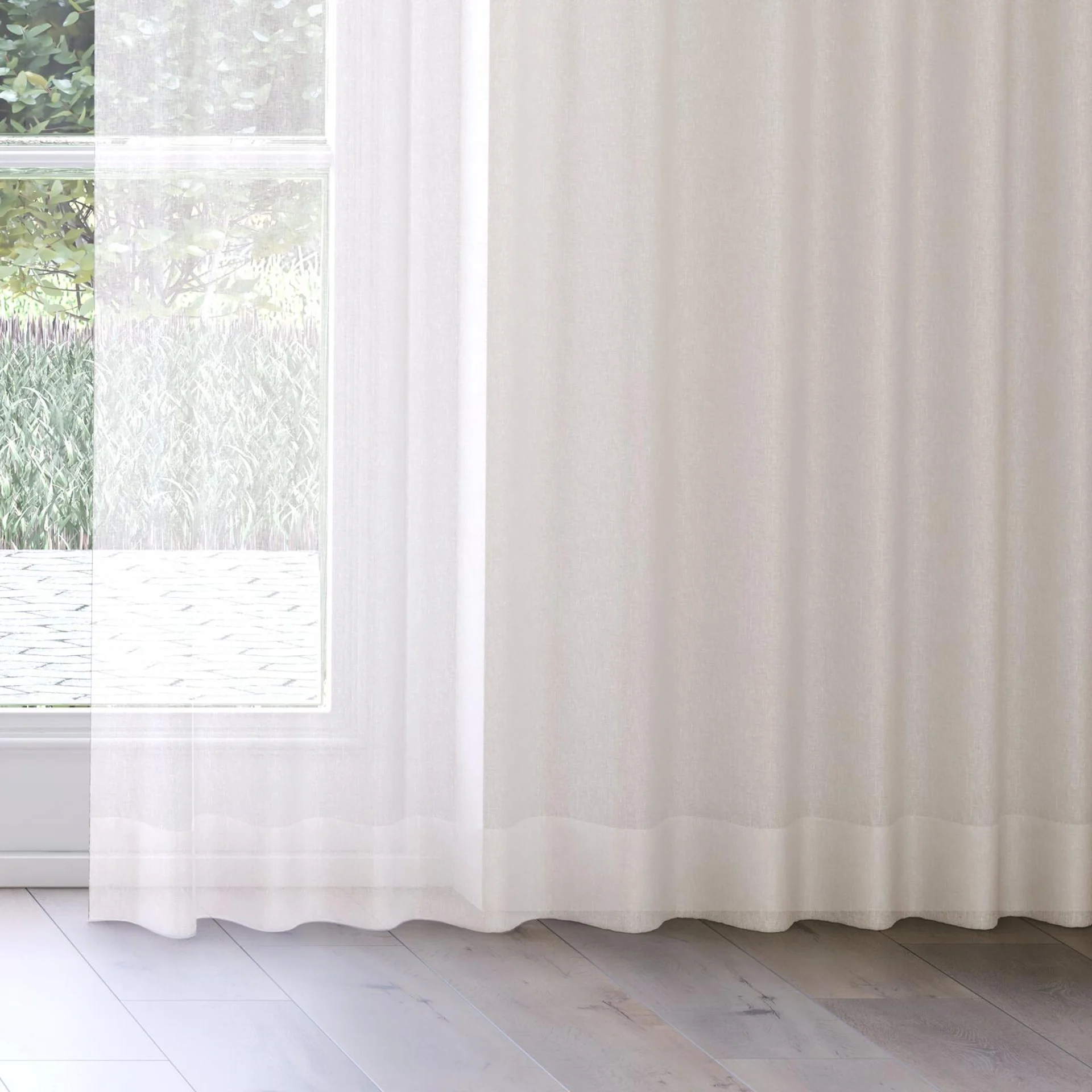 Bottom view of Beauvoir Flax, on curtain rail