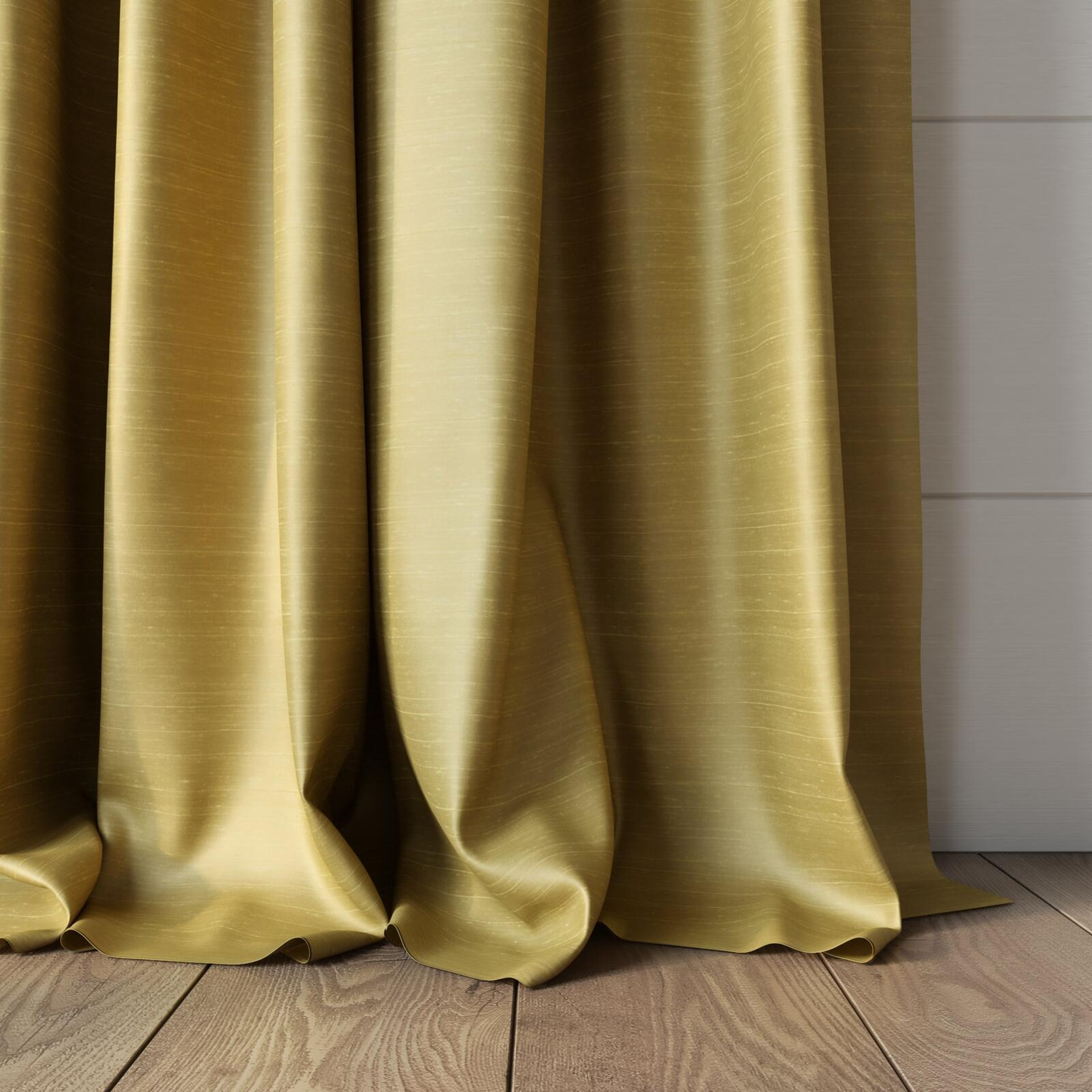 Bottom view of Silky Pampas, puddled, on curtain rod