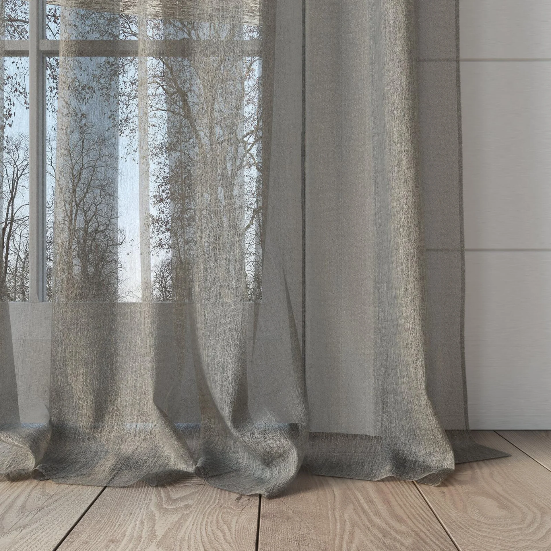 Bottom view of Makai (JDG) Tussah, puddled, on curtain rod