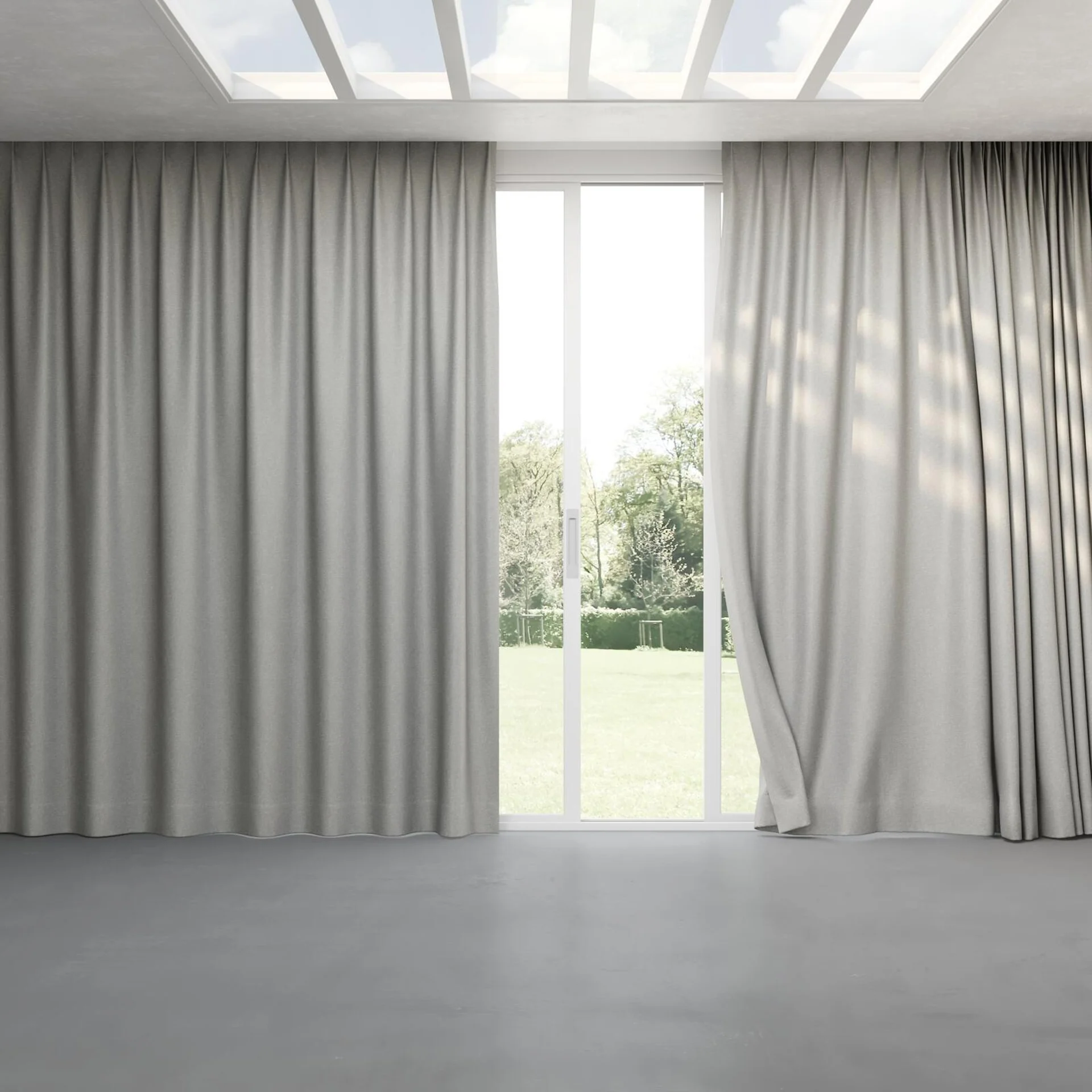 Full view of Glamour Steel, pinch pleat