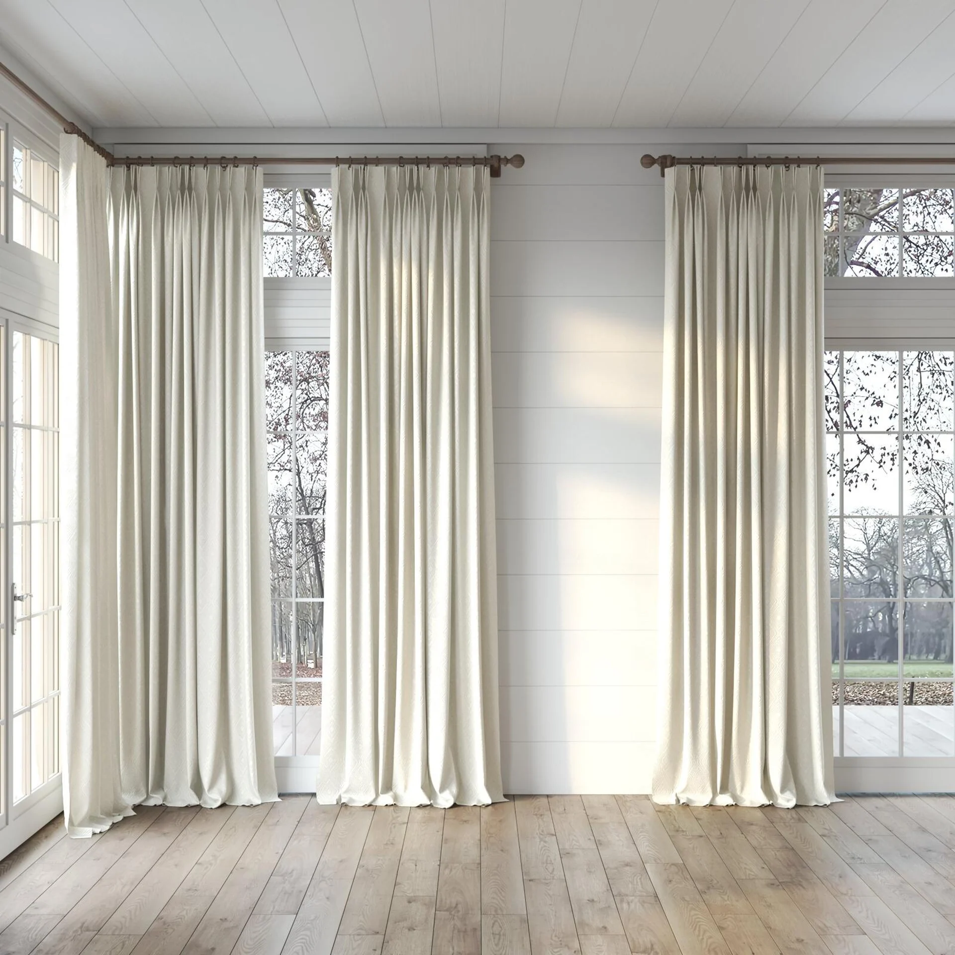 Full view of Senza Ivory, puddled, on curtain rod