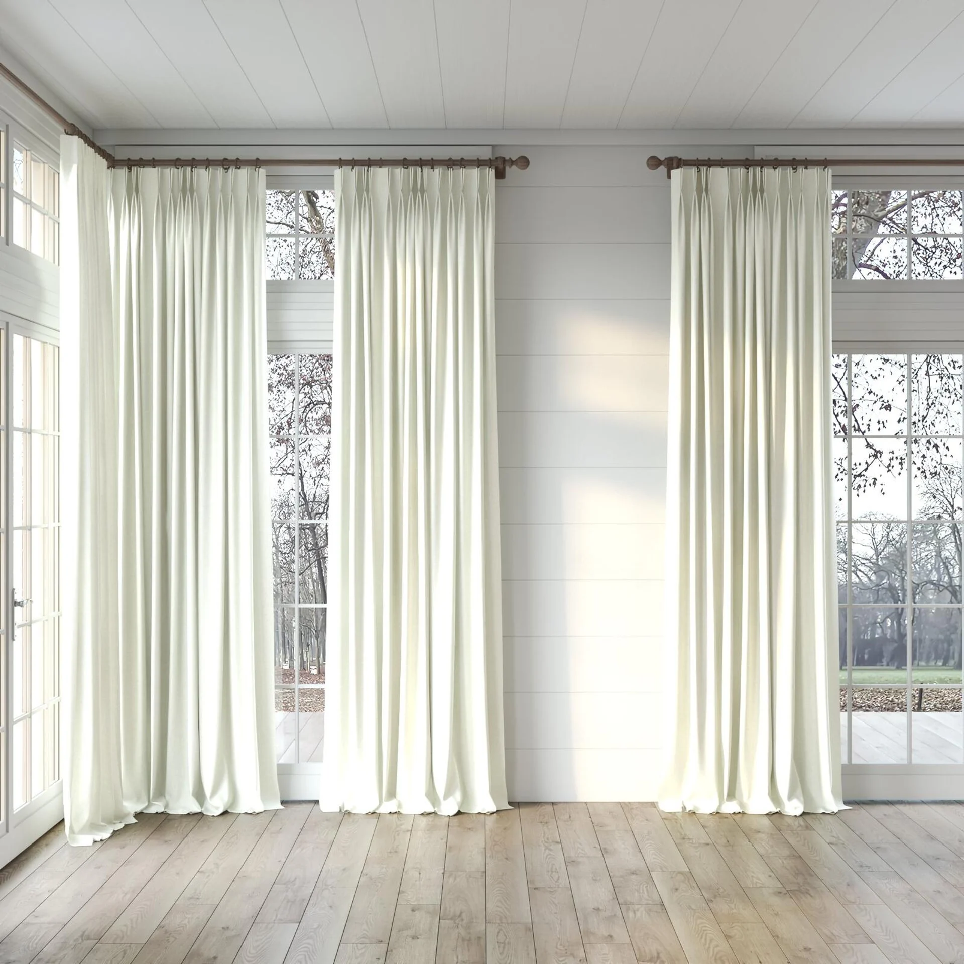 Full view of Cushy Pearl, puddled, on curtain rod