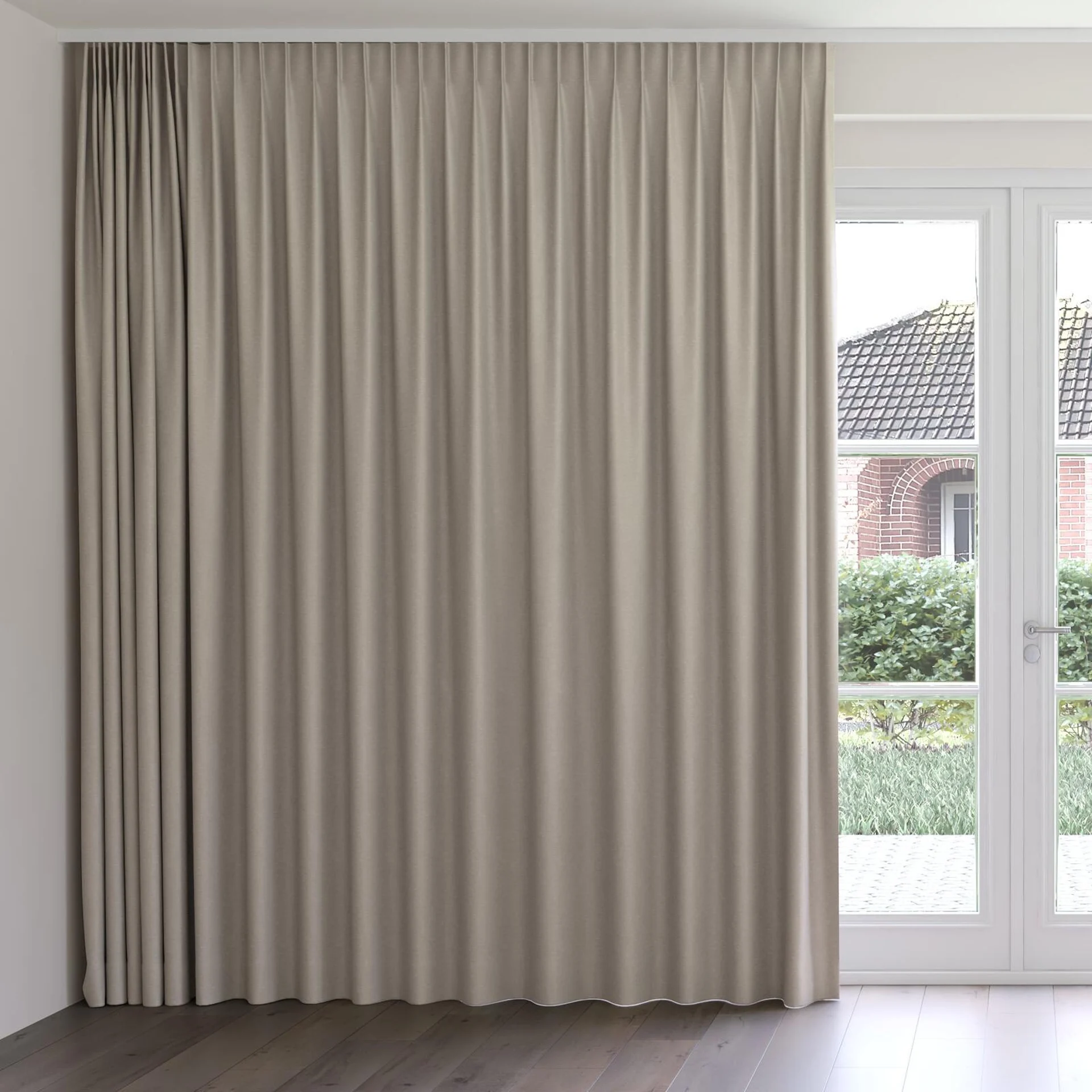 Front view of Colourwash Eco Mushroom, on curtain rail