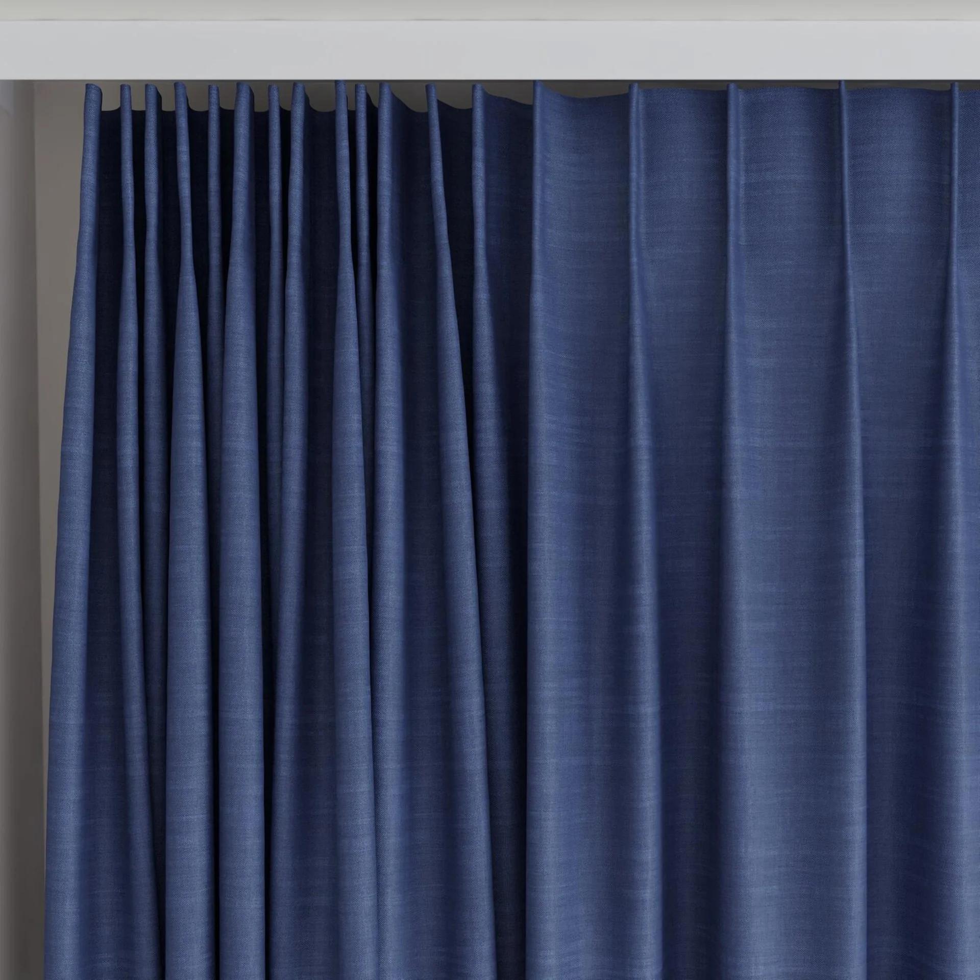Top view of Loci Dim Out Indigo, on curtain rail
