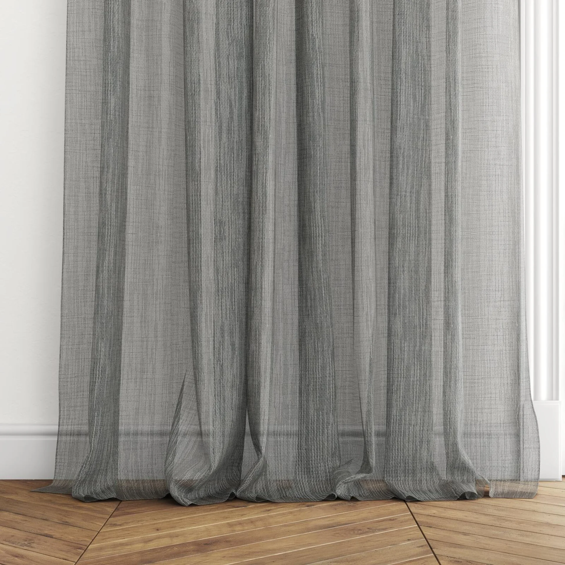Bottom view of Radiant Charcoal, puddled with pinch pleat, on curtain rod