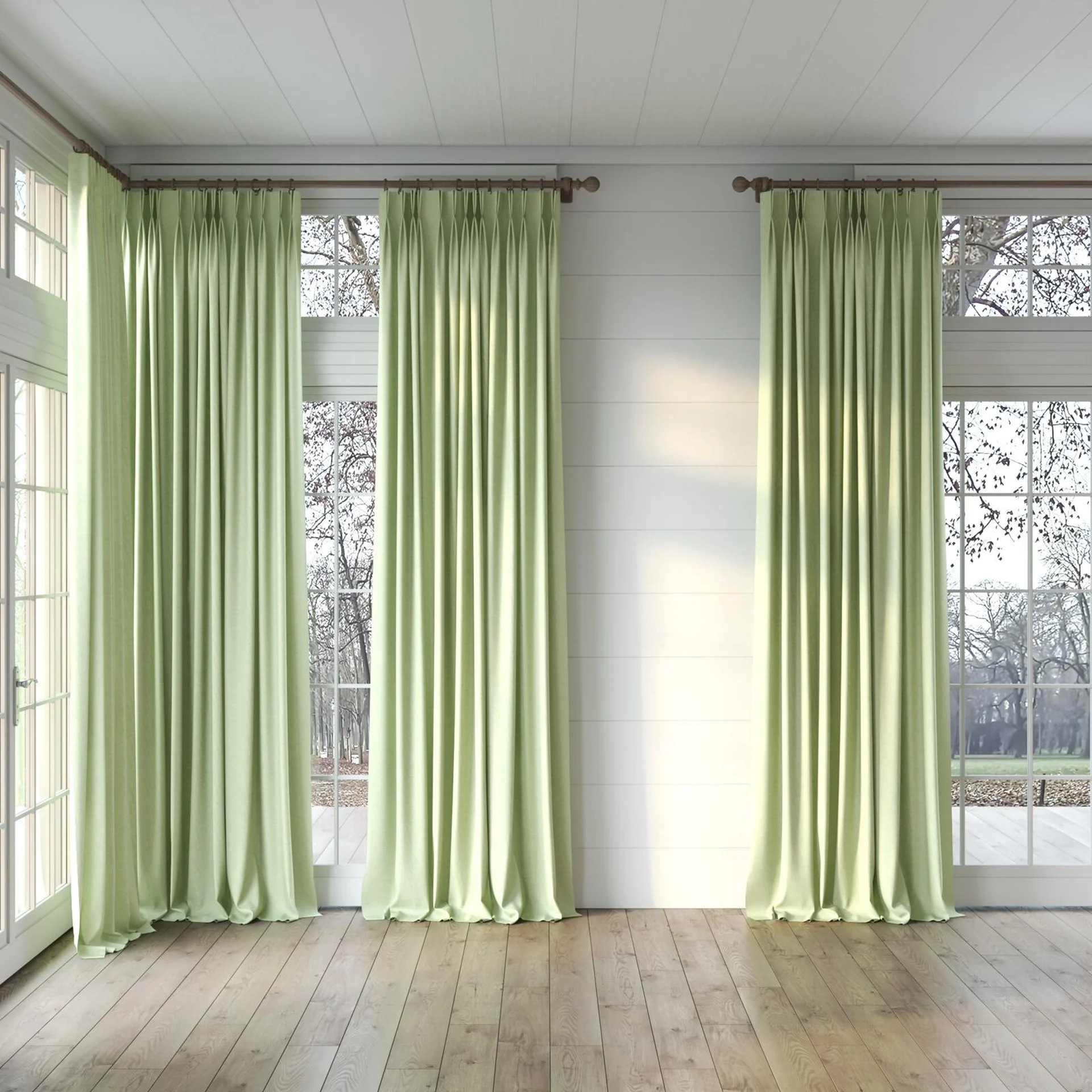 Full view of Casual Sage, puddled, on curtain rod