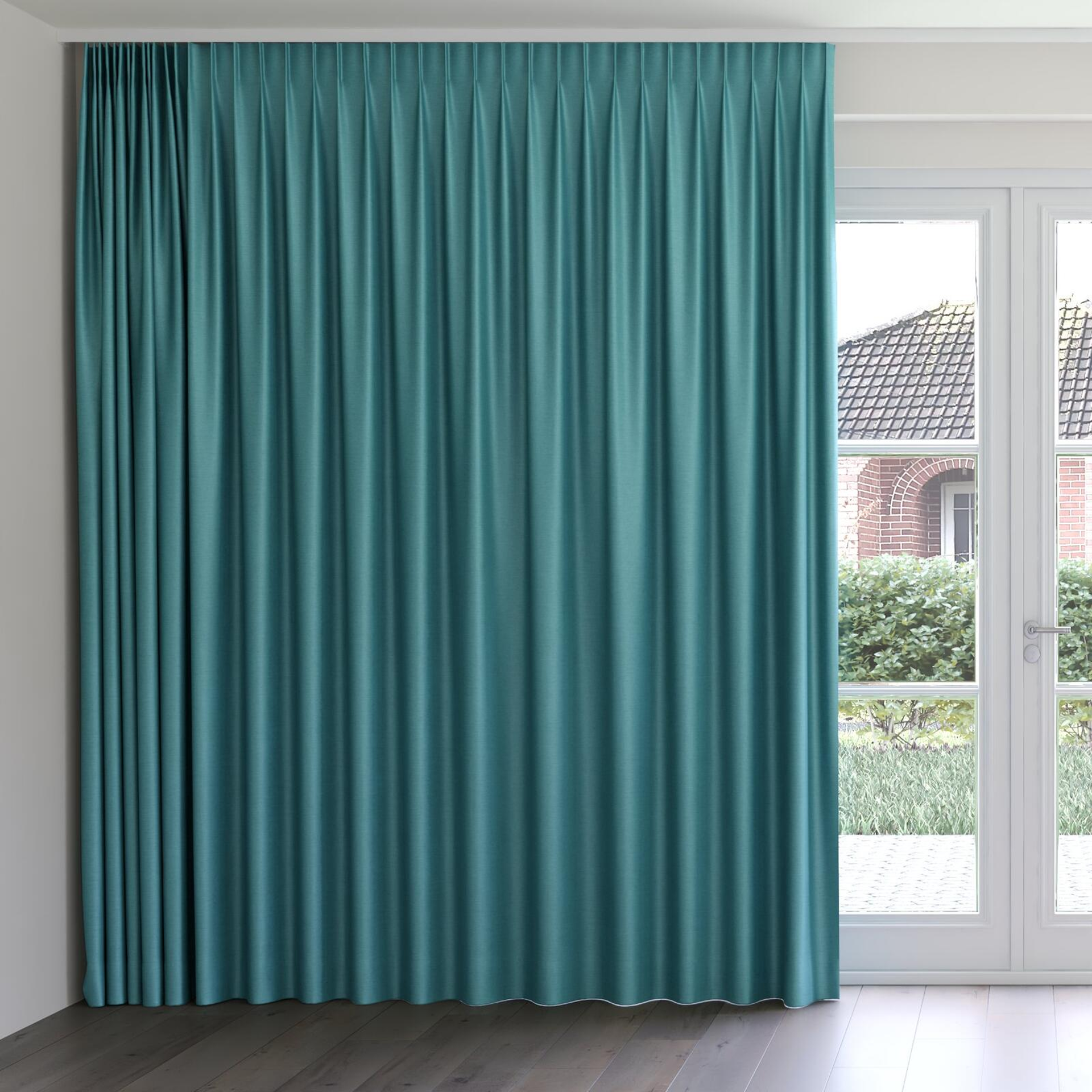 Front view of Provence Peacock, on curtain rail