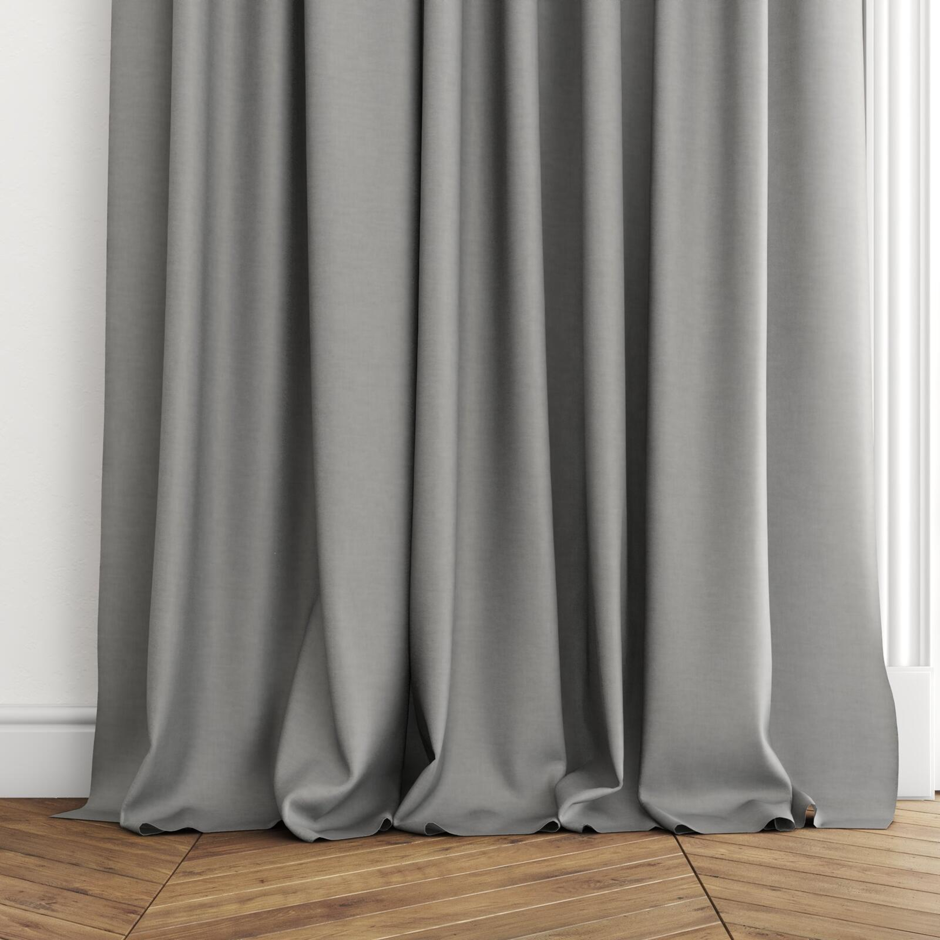 Bottom view of Arcadia Slate, puddled with pinch pleat, on curtain rod