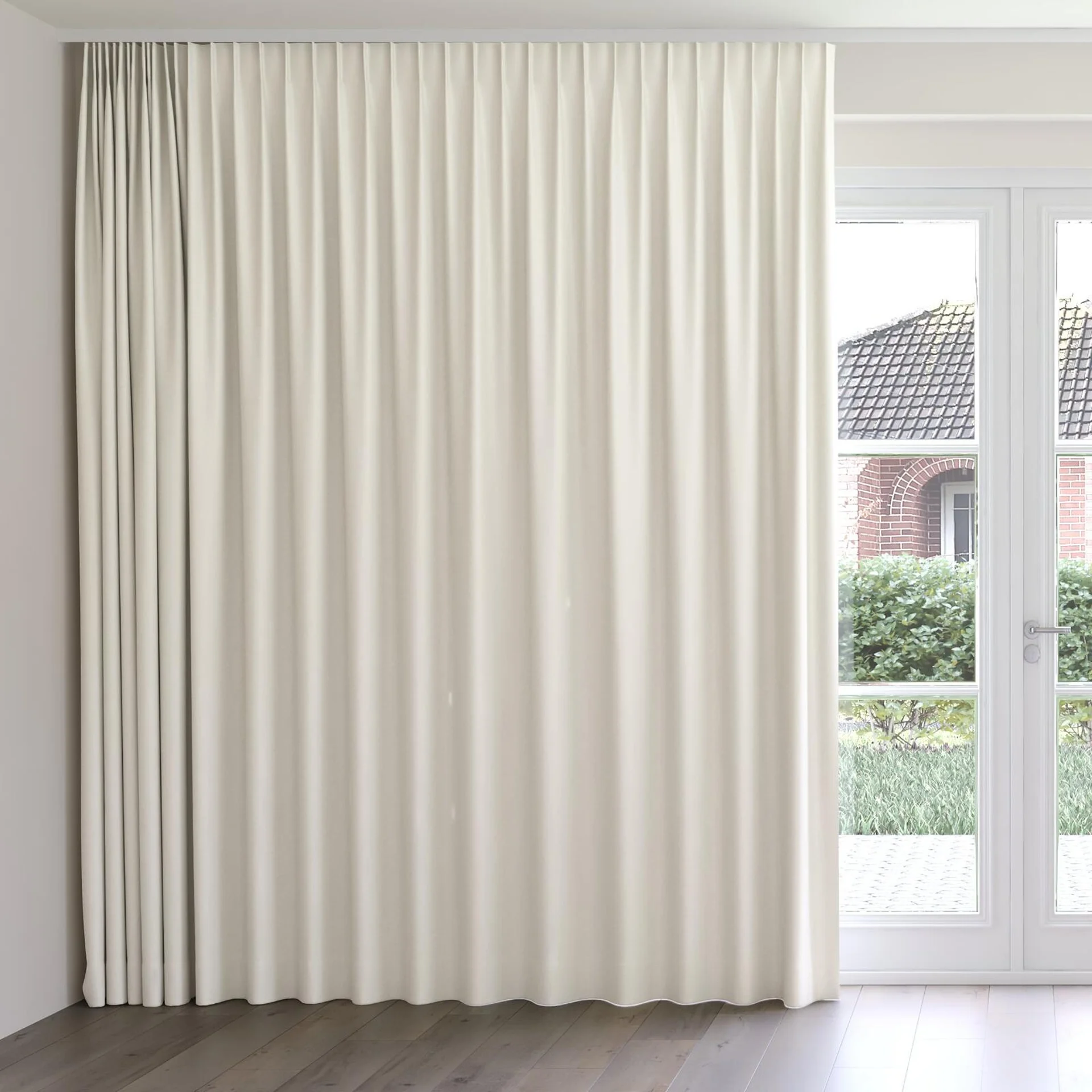 Front view of Colourwash Eco Champagne, on curtain rail