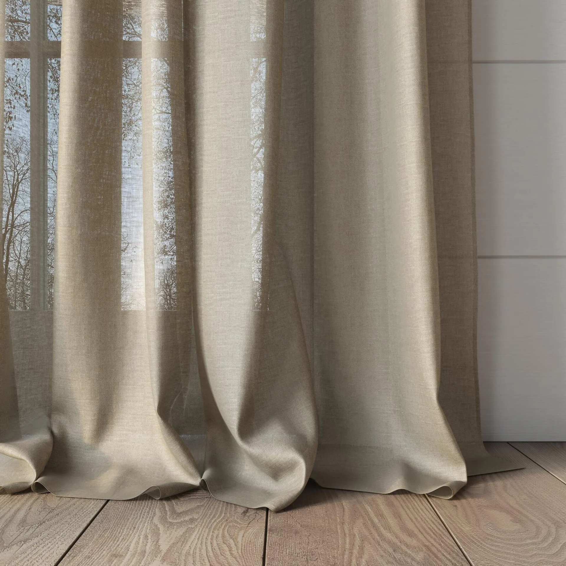 Bottom view of Laconia Air Hemp, puddled, on curtain rod