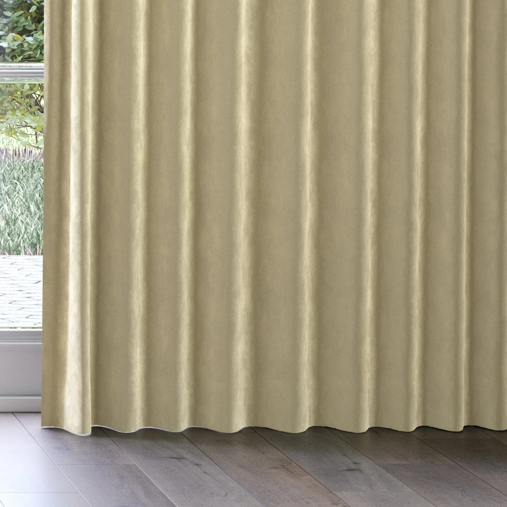 Bottom view of Lux Velvet Moss 8408, on curtain rail