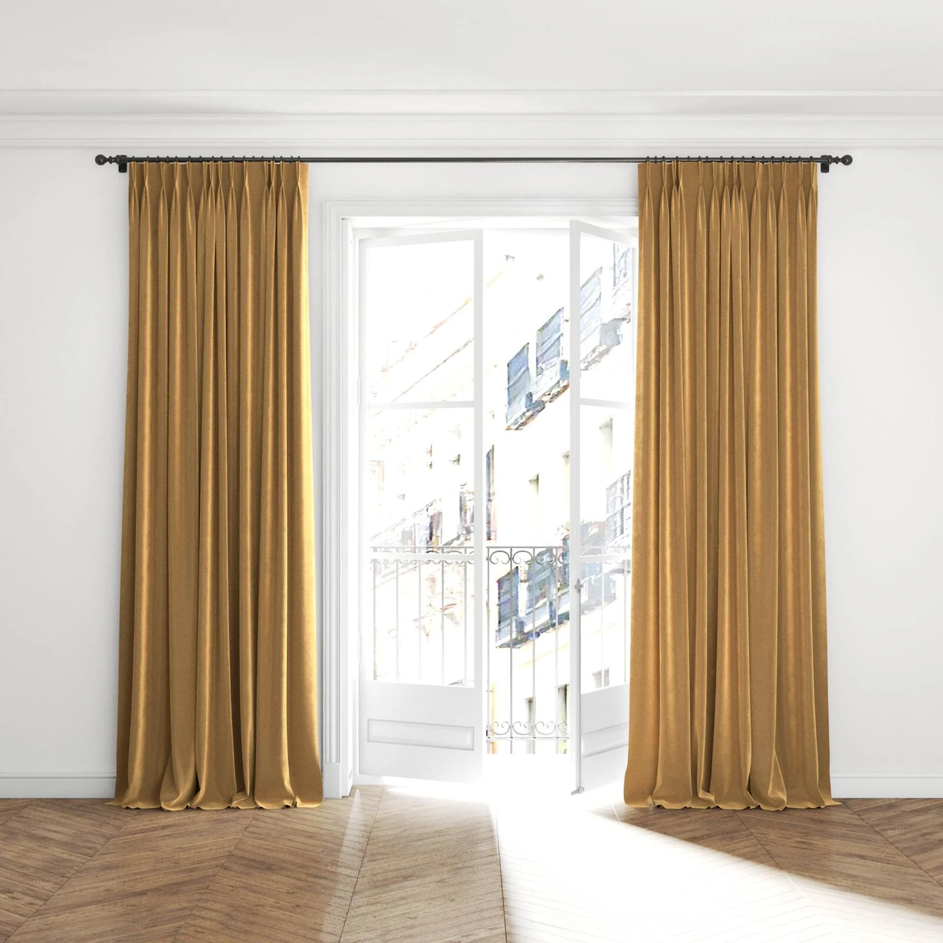 Full view of Velvelux Camel, puddled with pinch pleat, on curtain rod