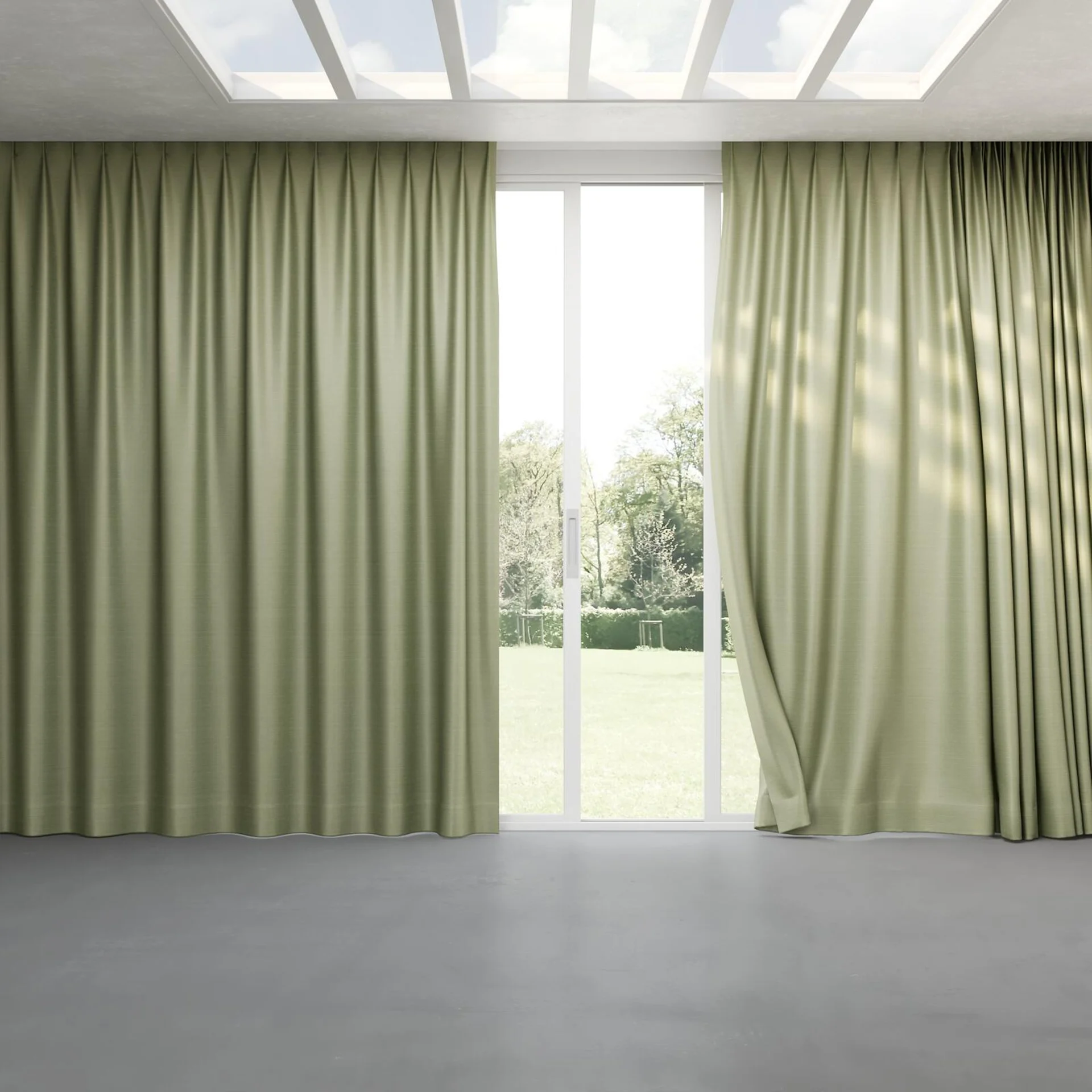 Full view of Silky Sage, pinch pleat