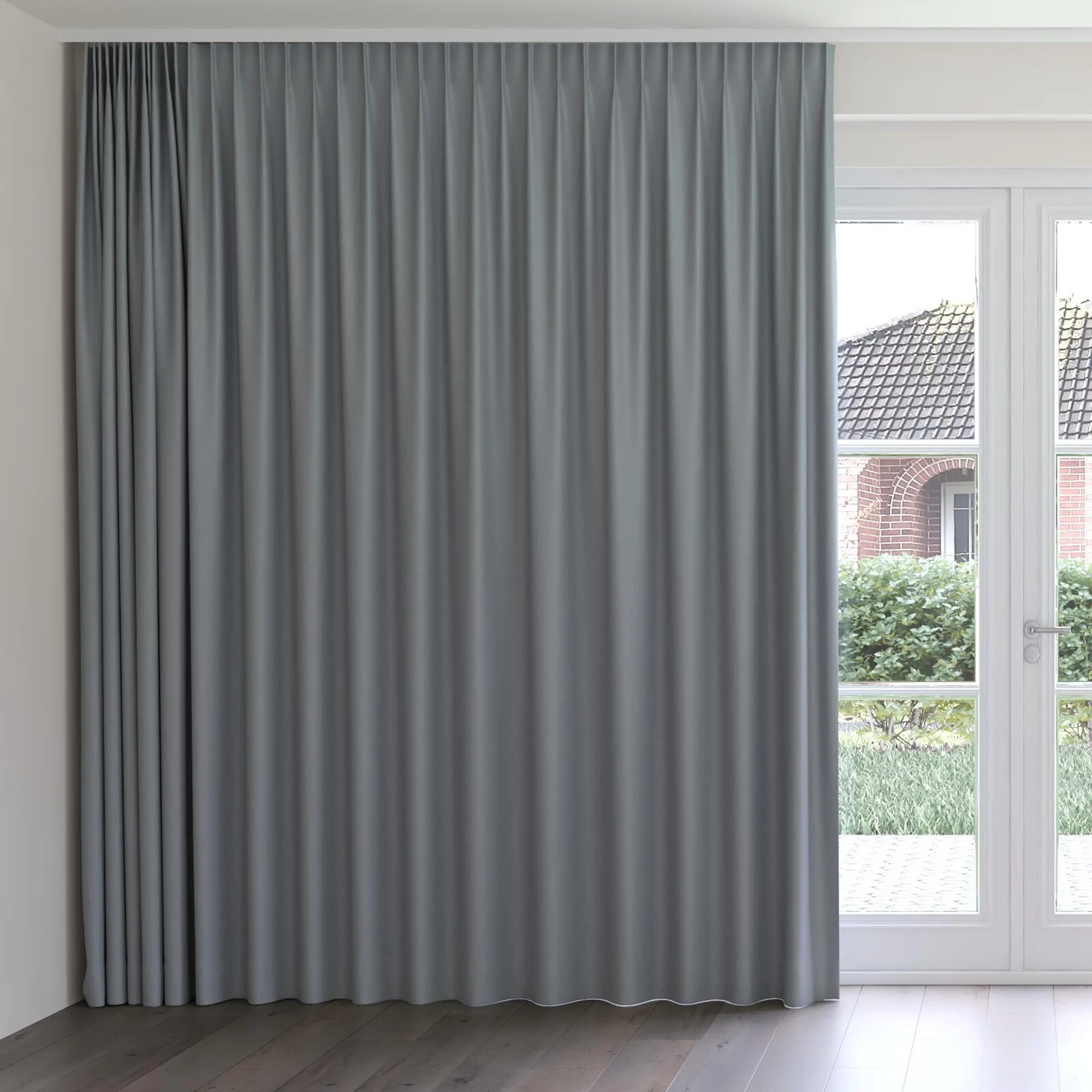 Front view of Infinite French Blue, on curtain rail