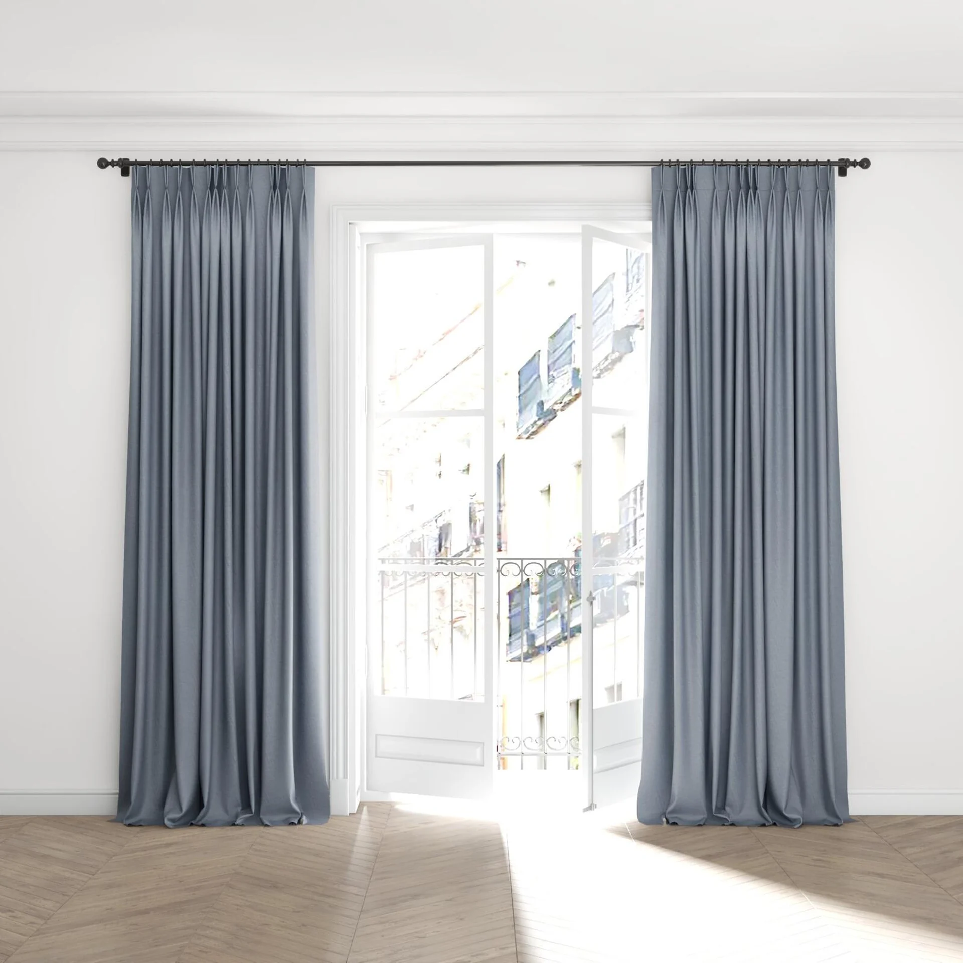 Full view of Casual River, puddled with pinch pleat, on curtain rod