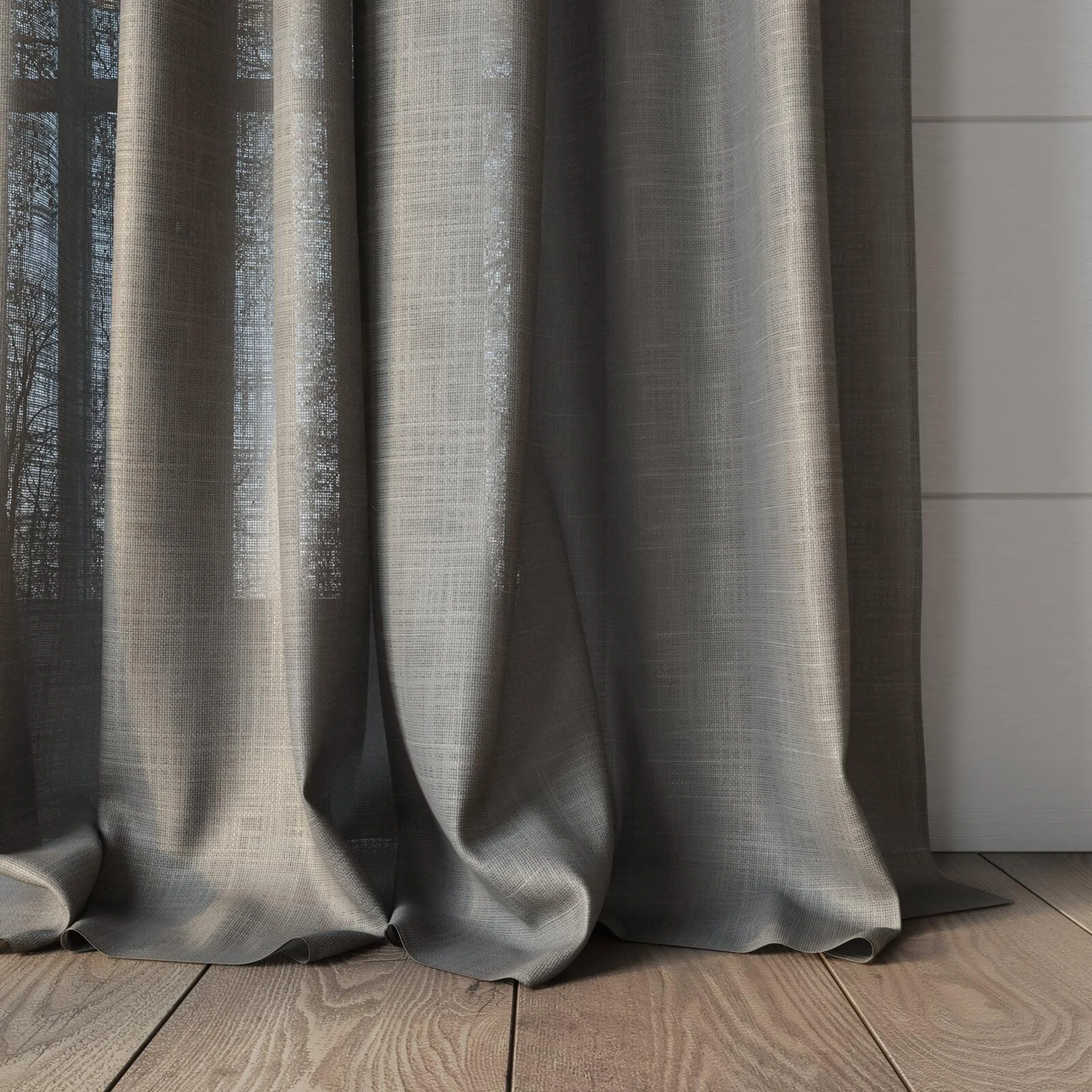 Bottom view of Charanga Linen, puddled, on curtain rod