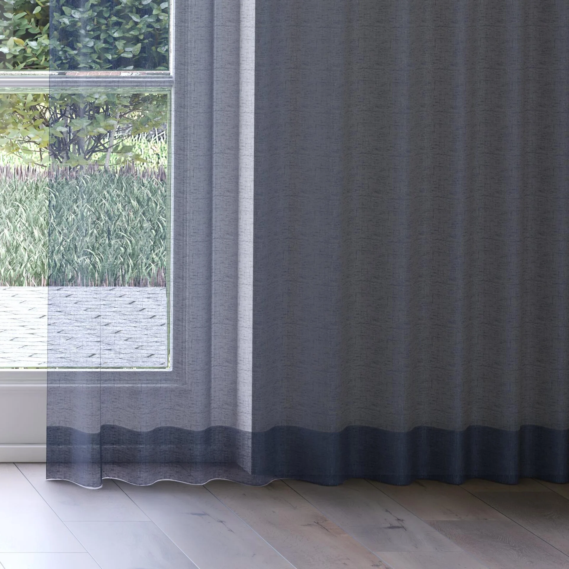 Bottom view of Graceful Navy, on curtain rail