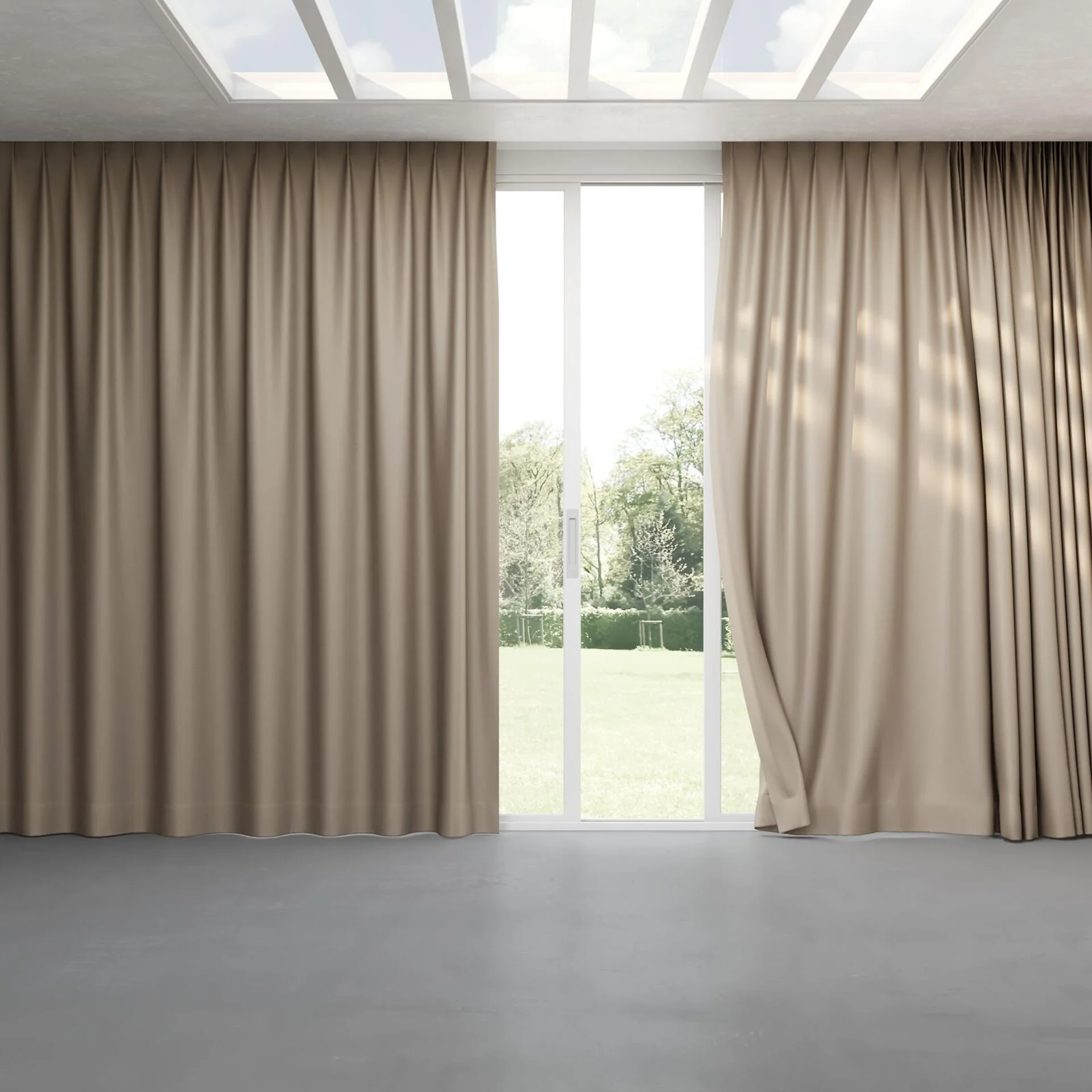 Full view of Heron Sepia, pinch pleat