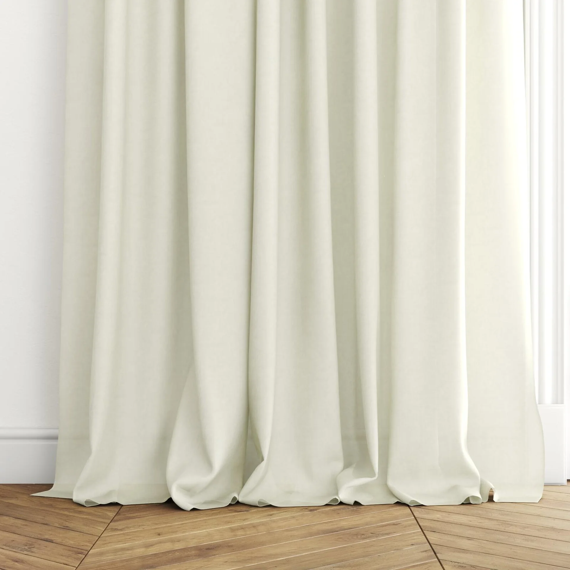 Bottom view of Flo II Vanilla, puddled with pinch pleat, on curtain rod