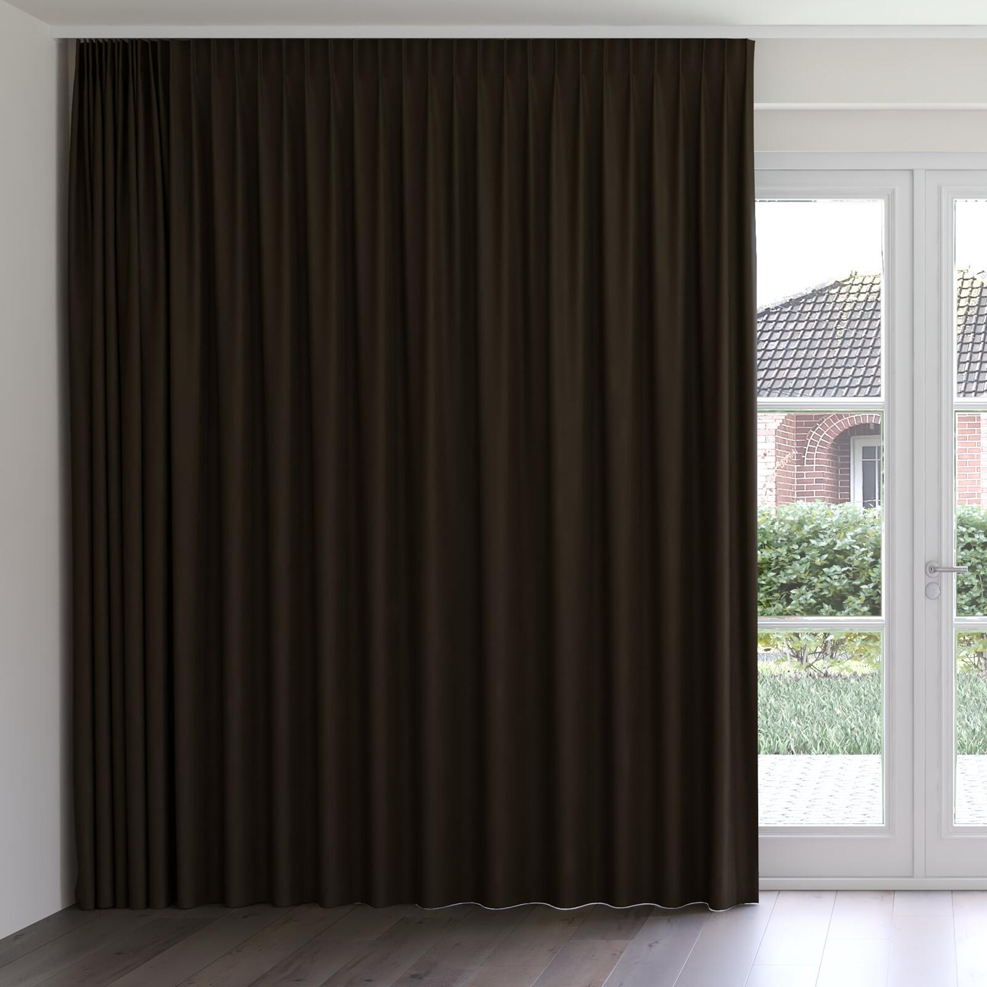 Front view of Vela Wood, on curtain rail