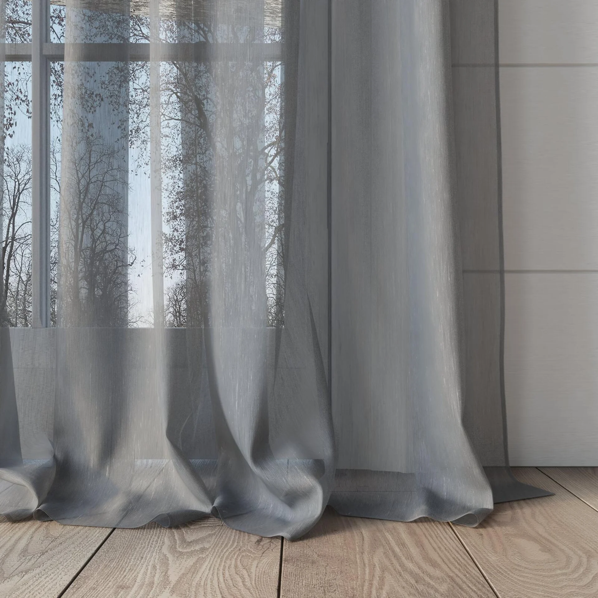 Bottom view of Aurora Smoke, puddled, on curtain rod