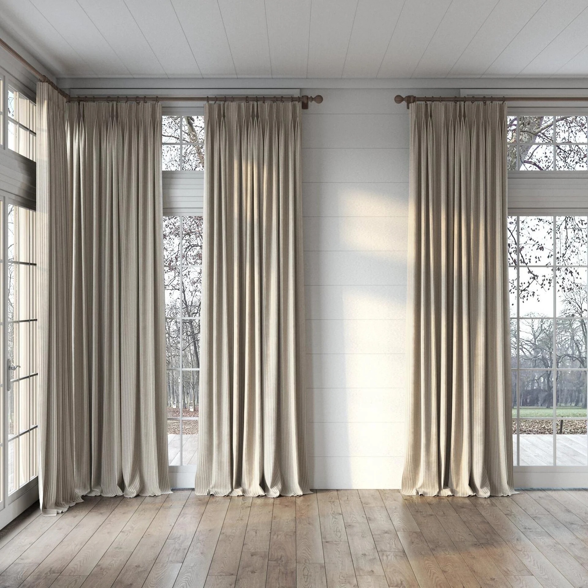 Full view of Embrace Taupe, puddled, on curtain rod