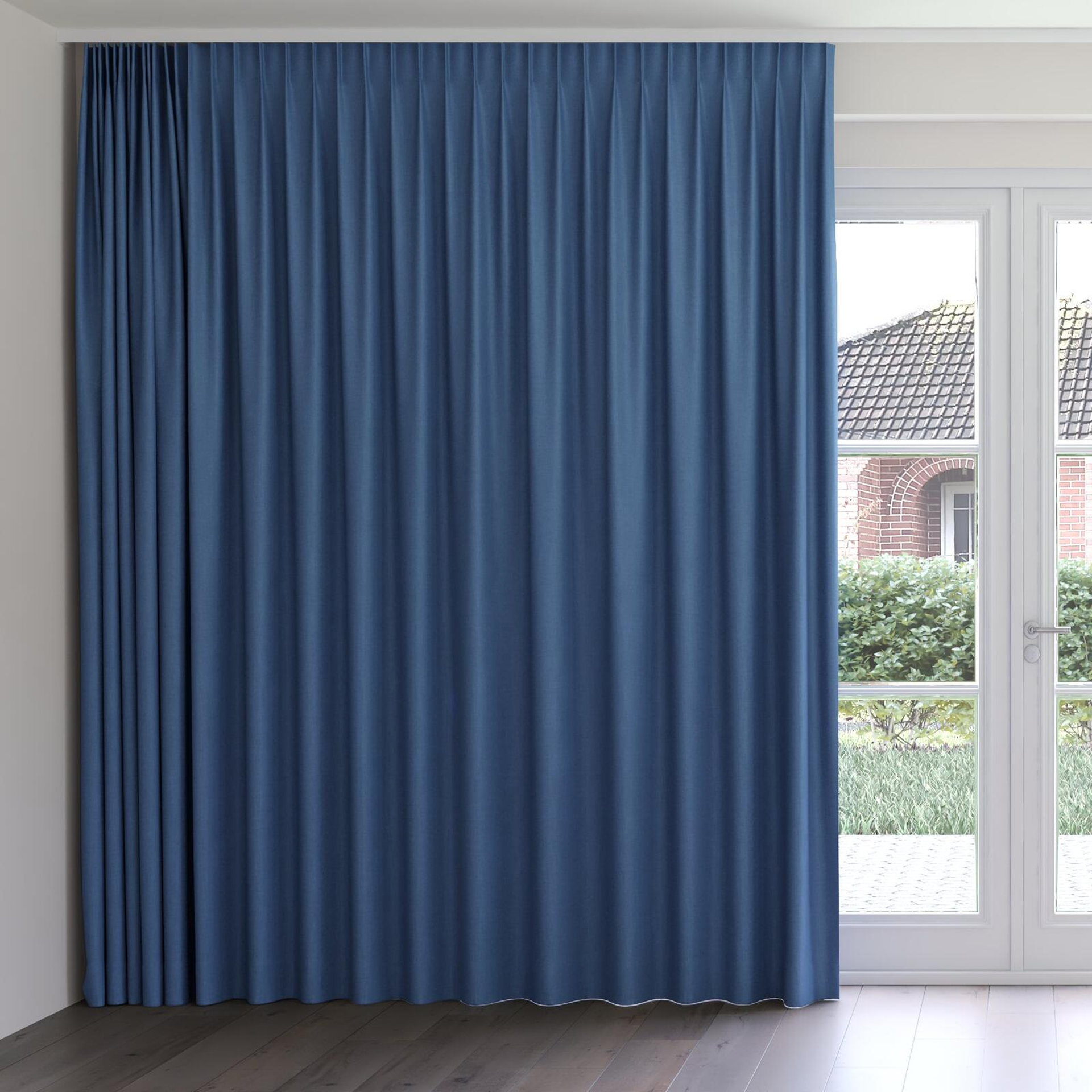 Front view of Cushy Denim, on curtain rail