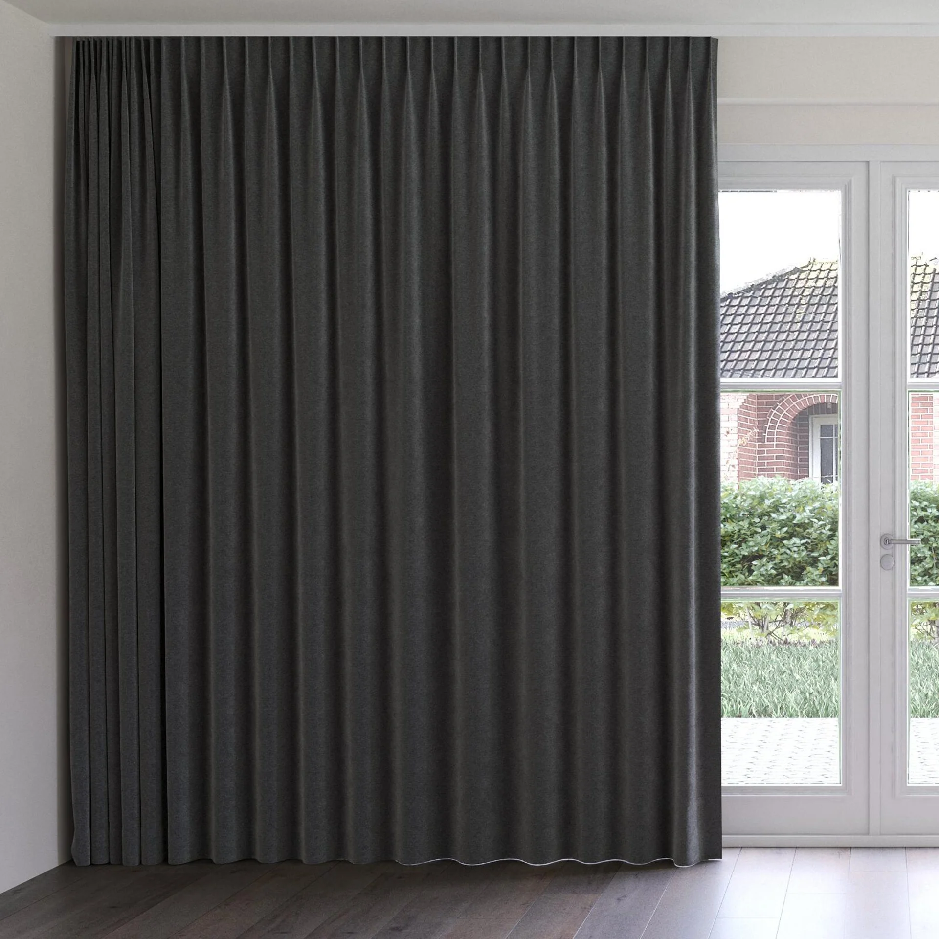 Front view of Geneva Charcoal, on curtain rail
