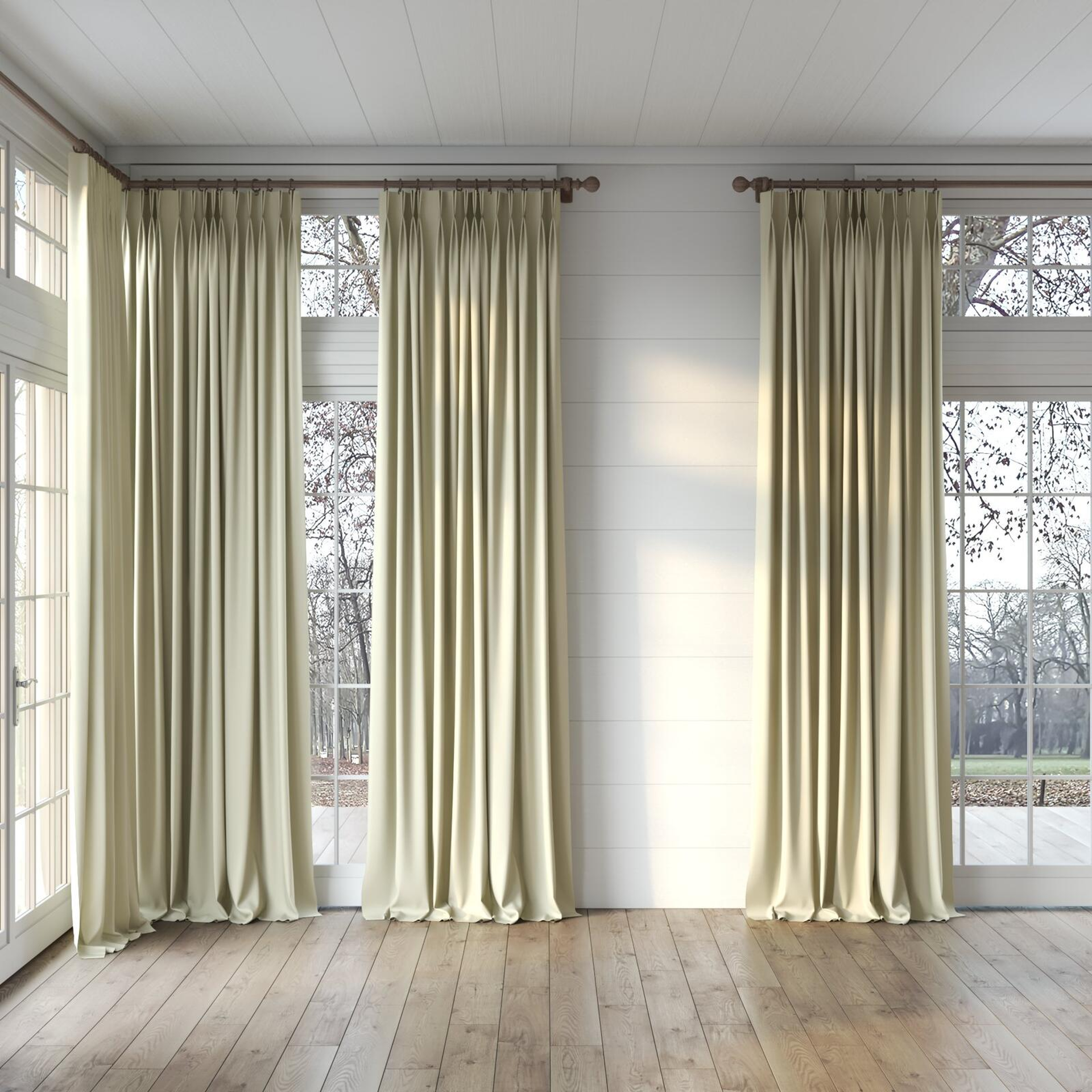 Full view of Ultra Dim Dune, puddled, on curtain rod