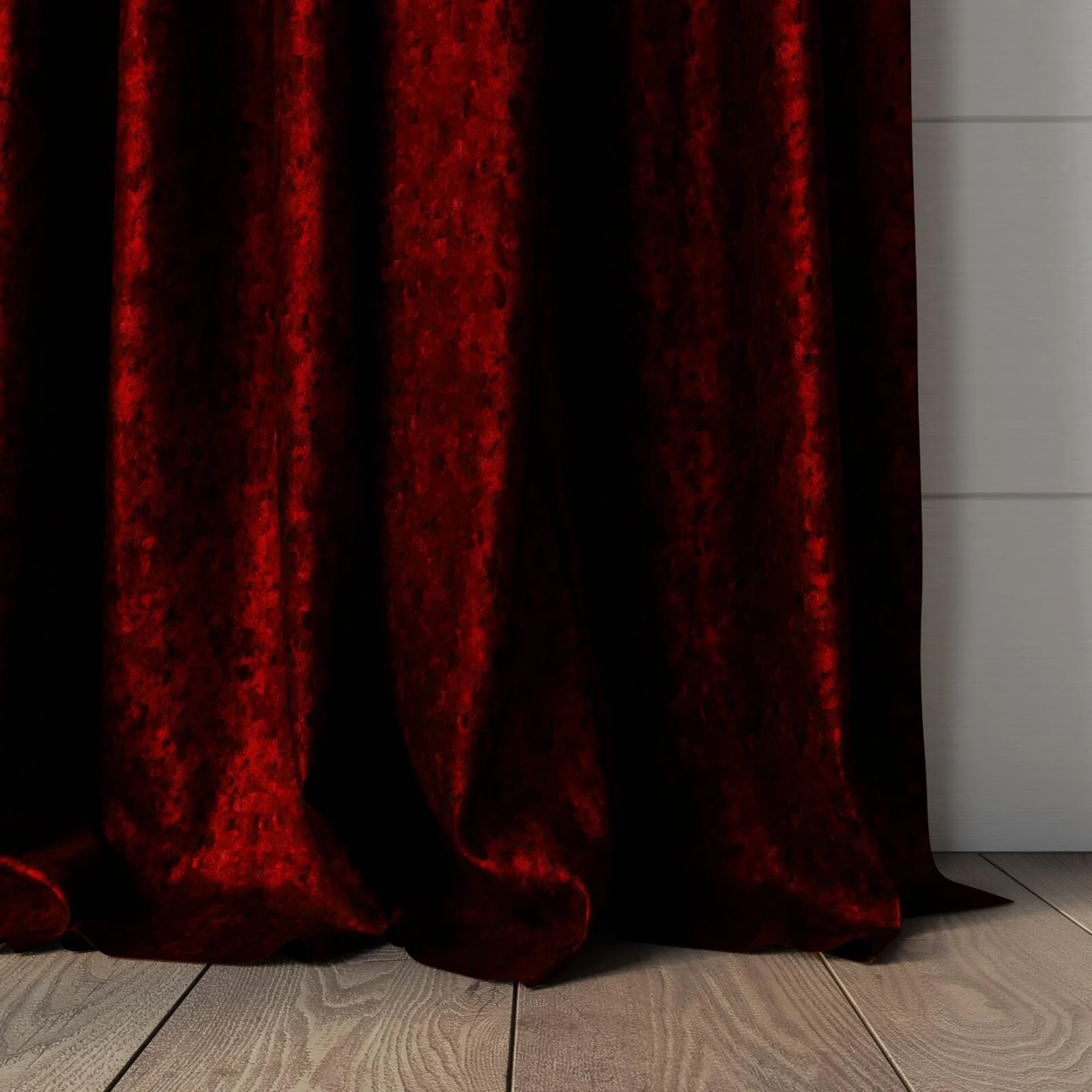 Bottom view of Opera Berry, puddled, on curtain rod