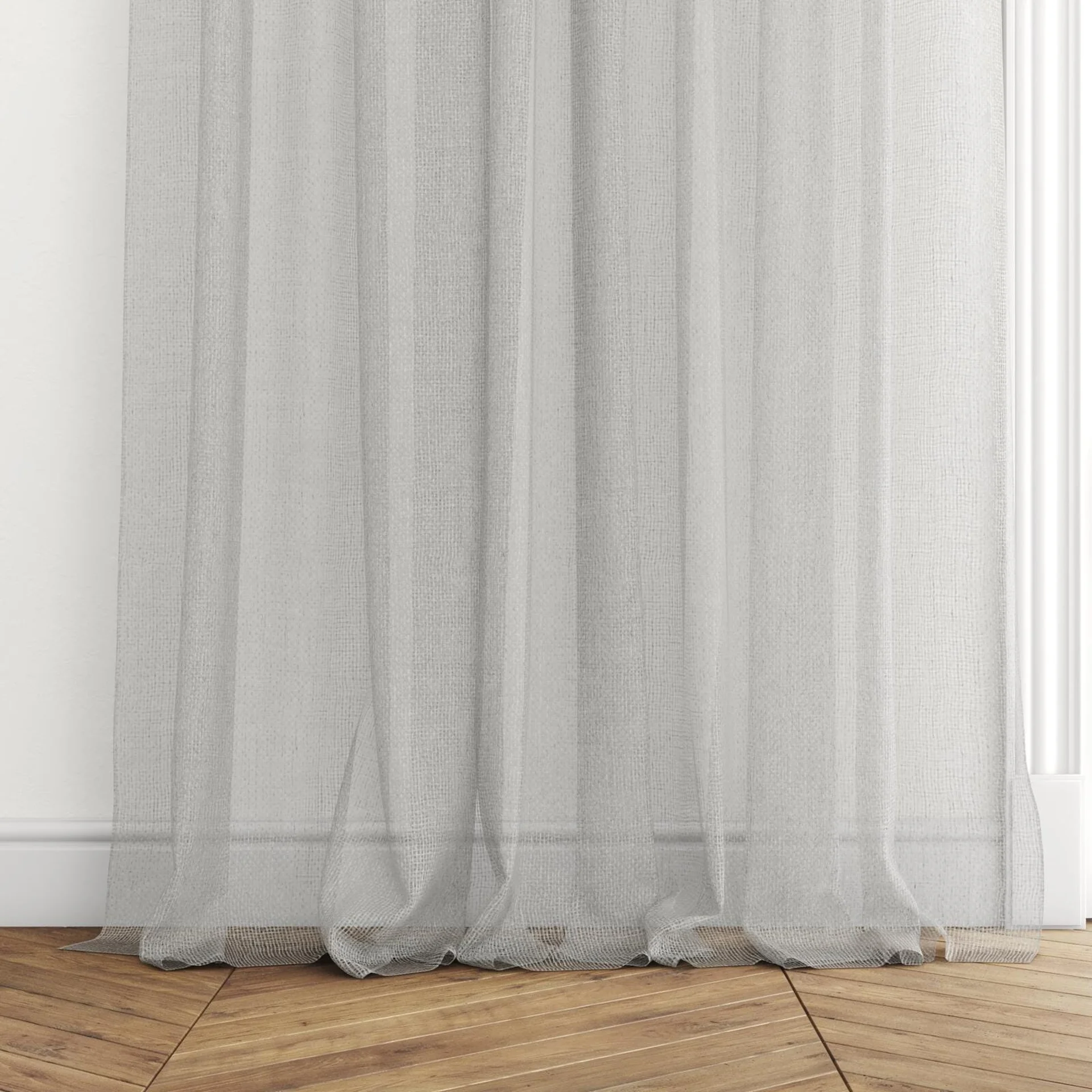 Bottom view of Kensho Dove Grey, puddled with pinch pleat, on curtain rod
