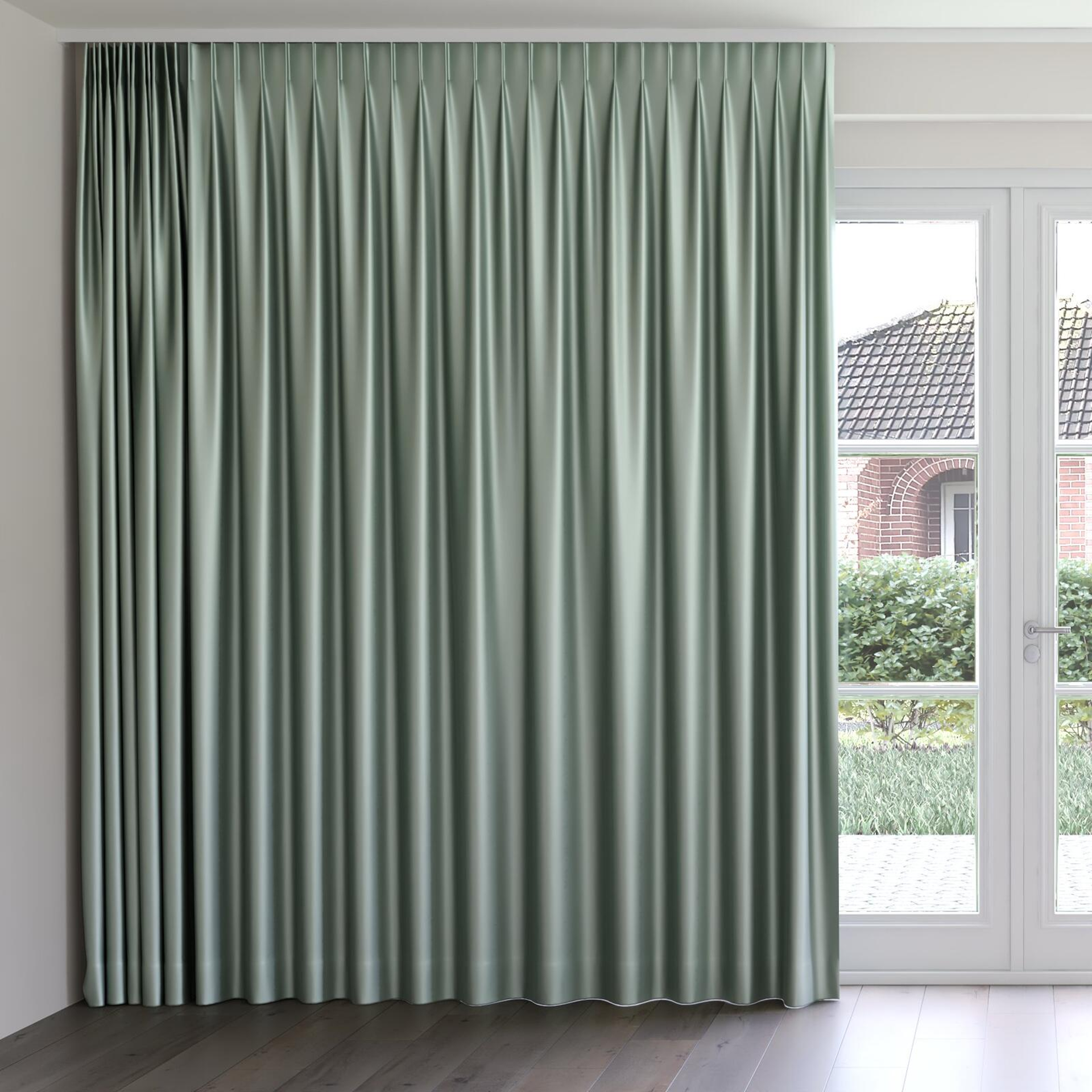 Front view of Moonbeam Celadon, on curtain rail