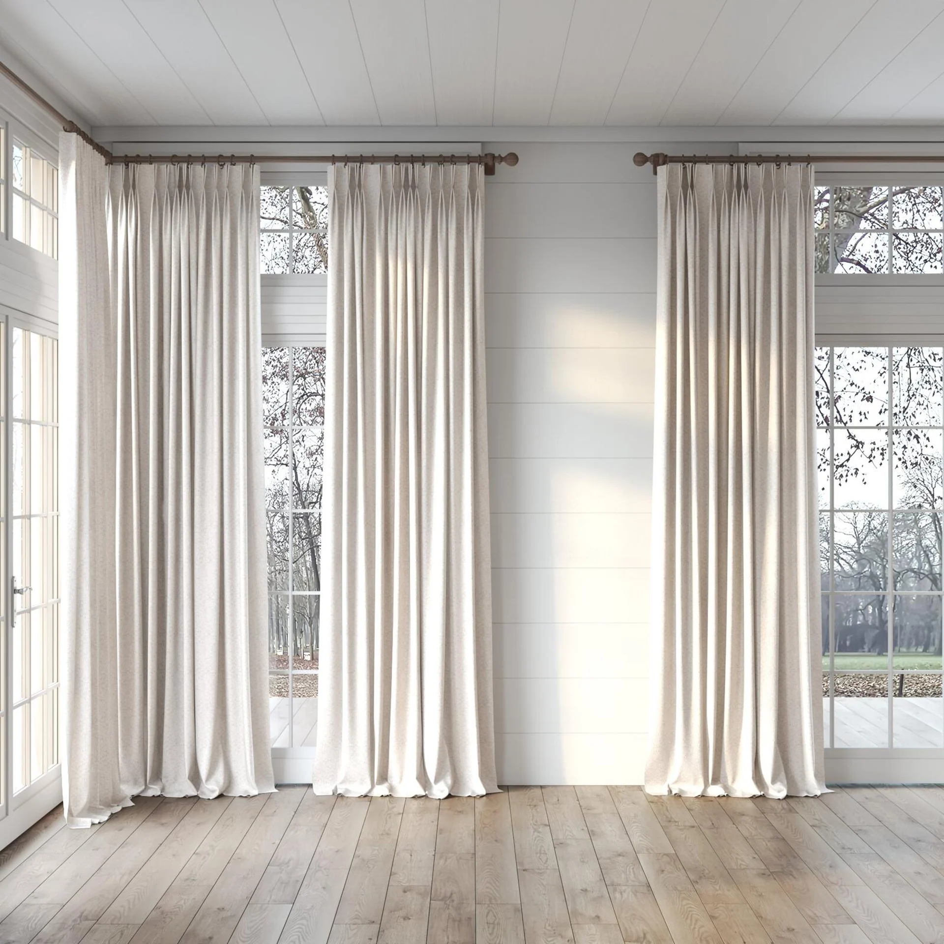 Full view of Cestino Ecru, puddled, on curtain rod