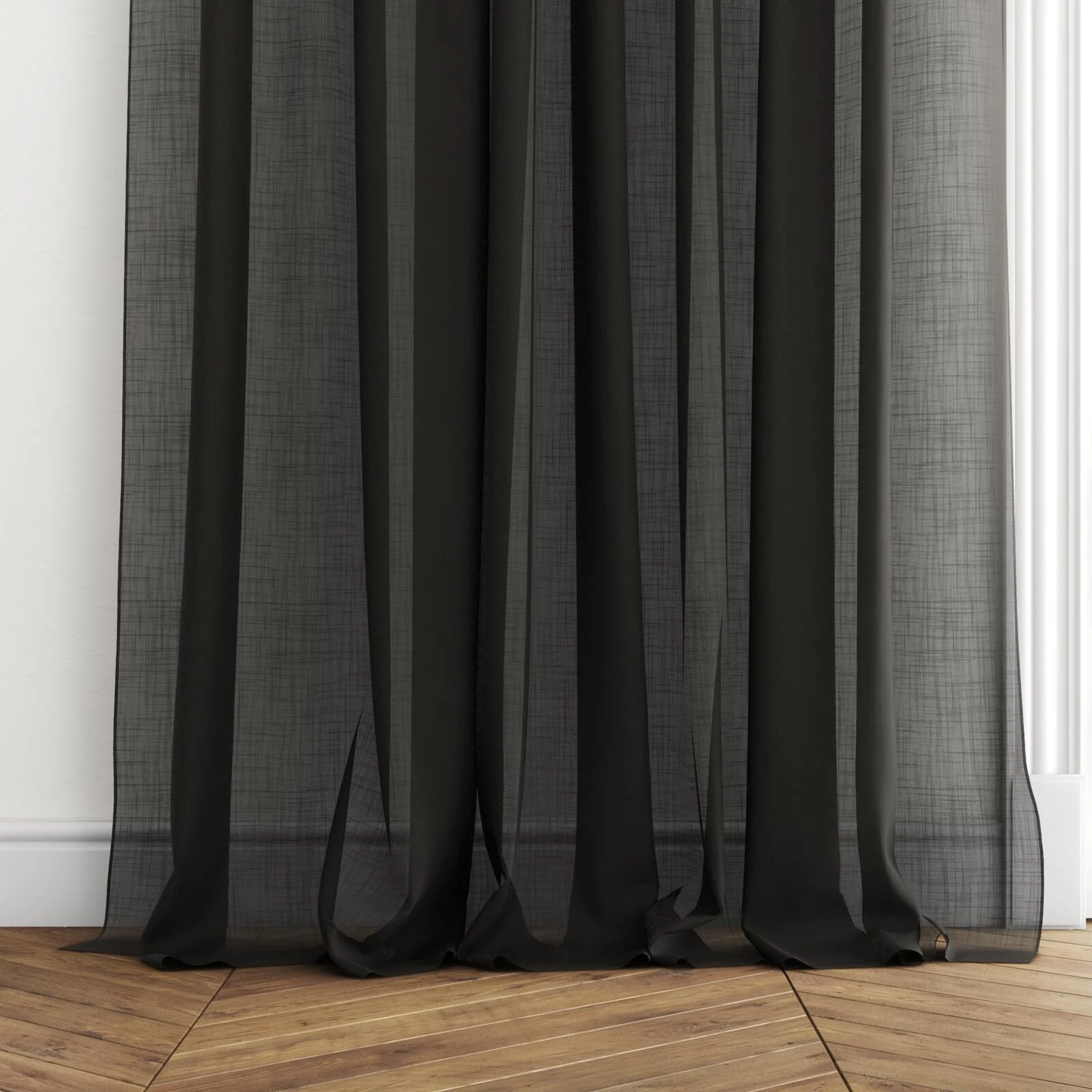 Bottom view of Kumo Recycled Charcoal, puddled with pinch pleat, on curtain rod
