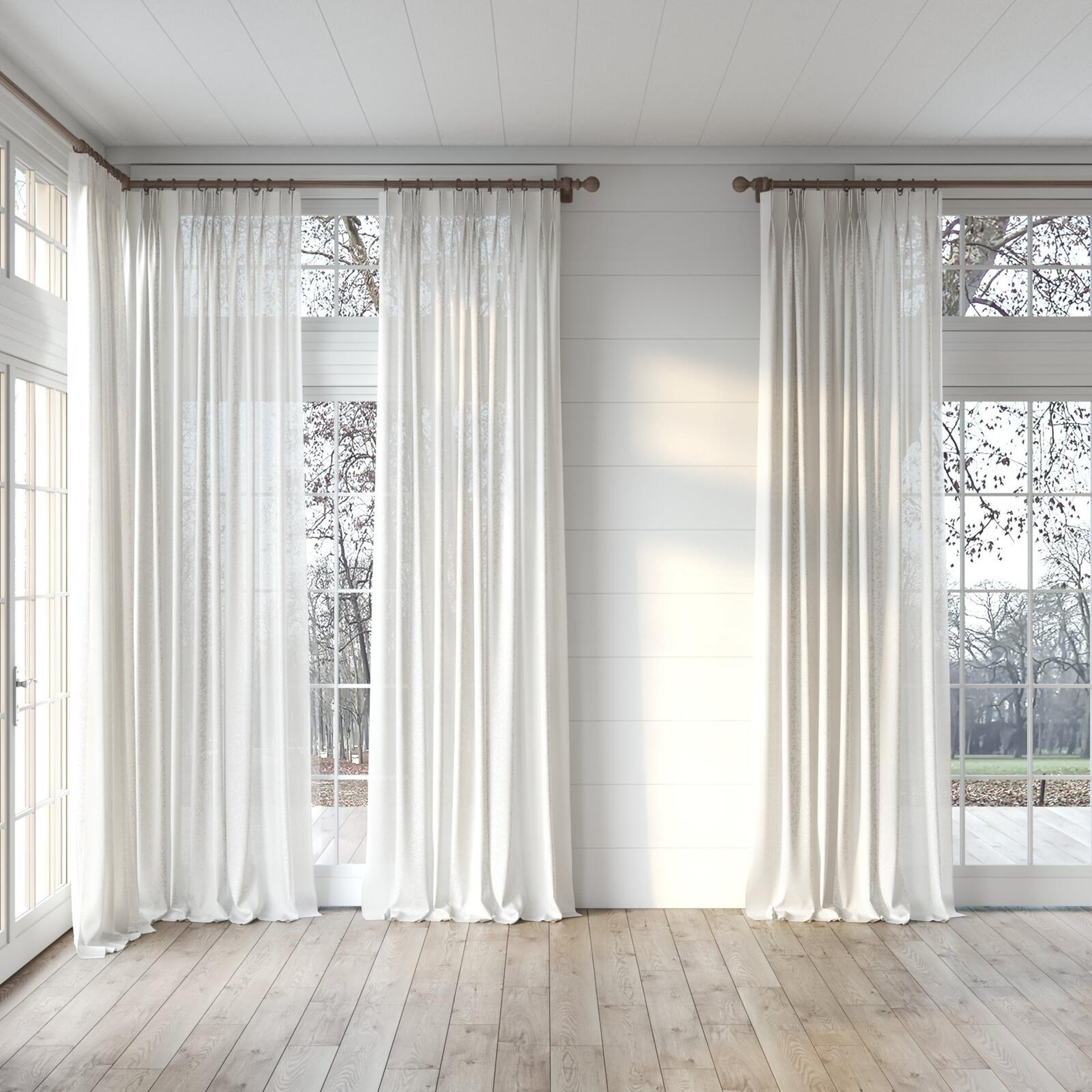 Full view of Revel Pearl, puddled, on curtain rod