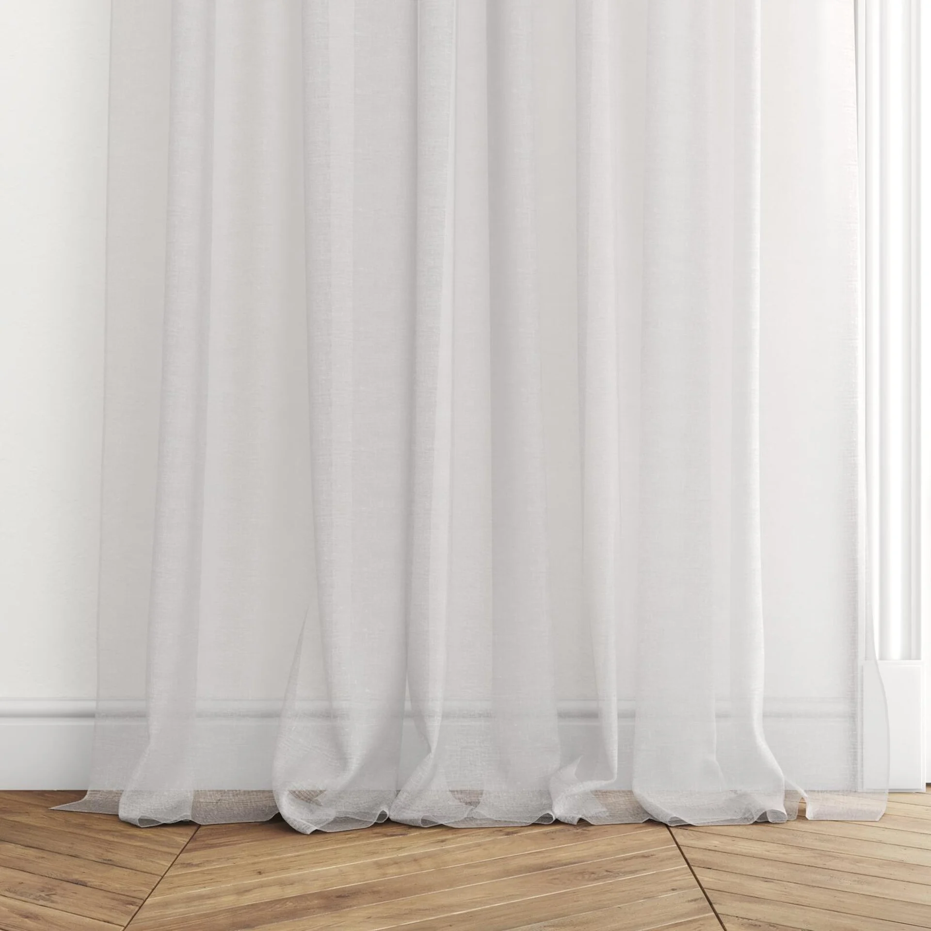 Bottom view of Graceful Ice, puddled with pinch pleat, on curtain rod