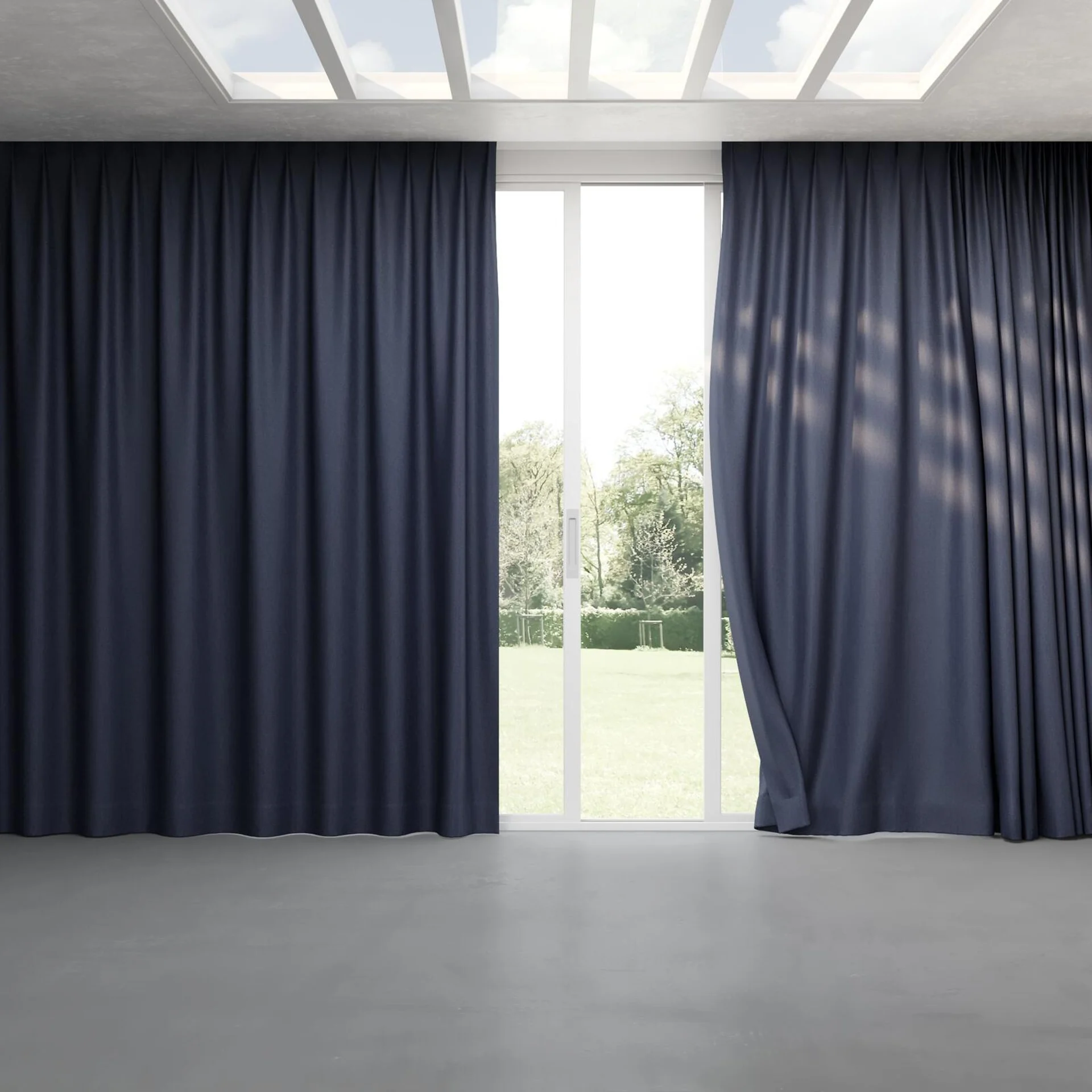 Full view of Retreat Blackout Lagoon, pinch pleat