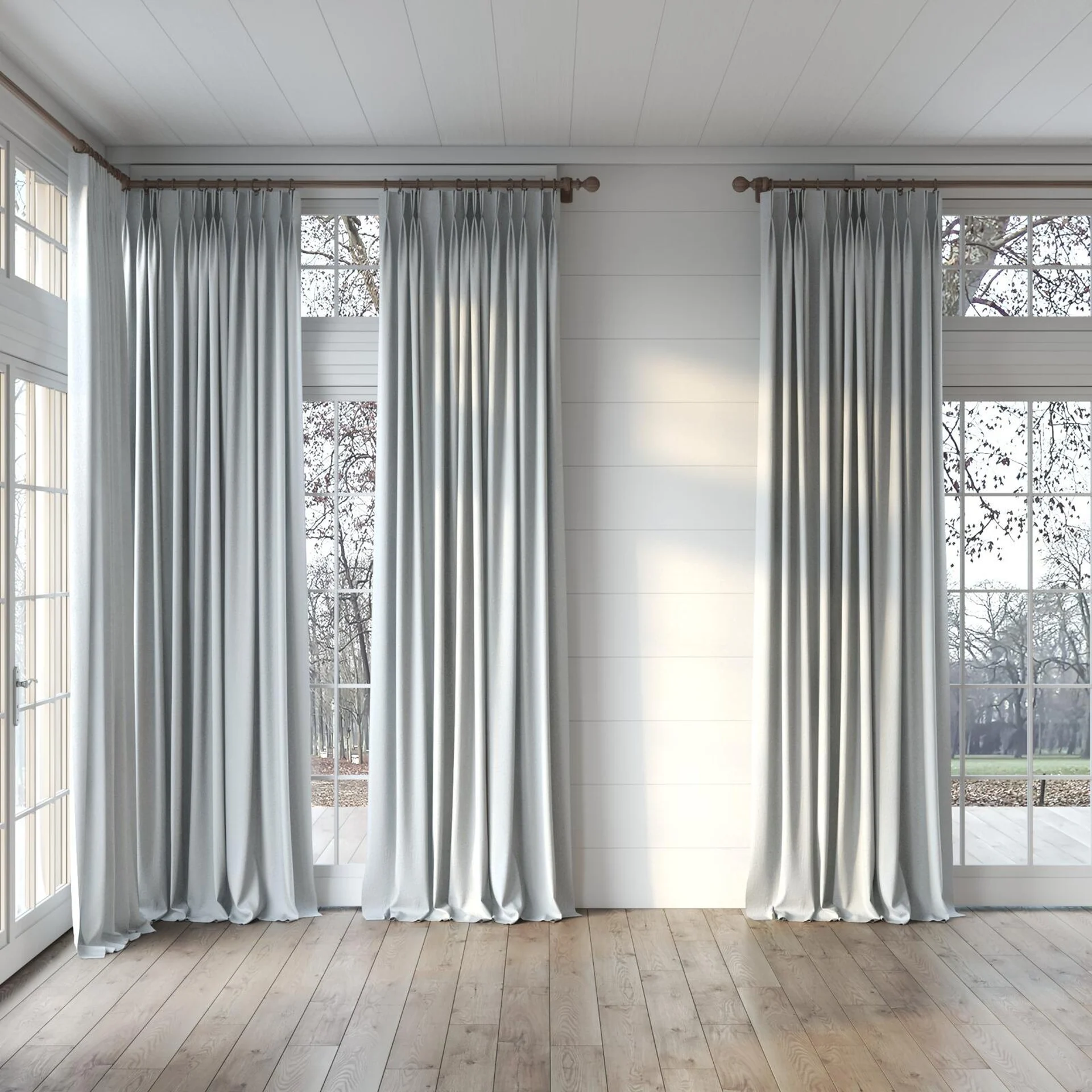 Full view of Obi Stonewash Cloud, puddled, on curtain rod