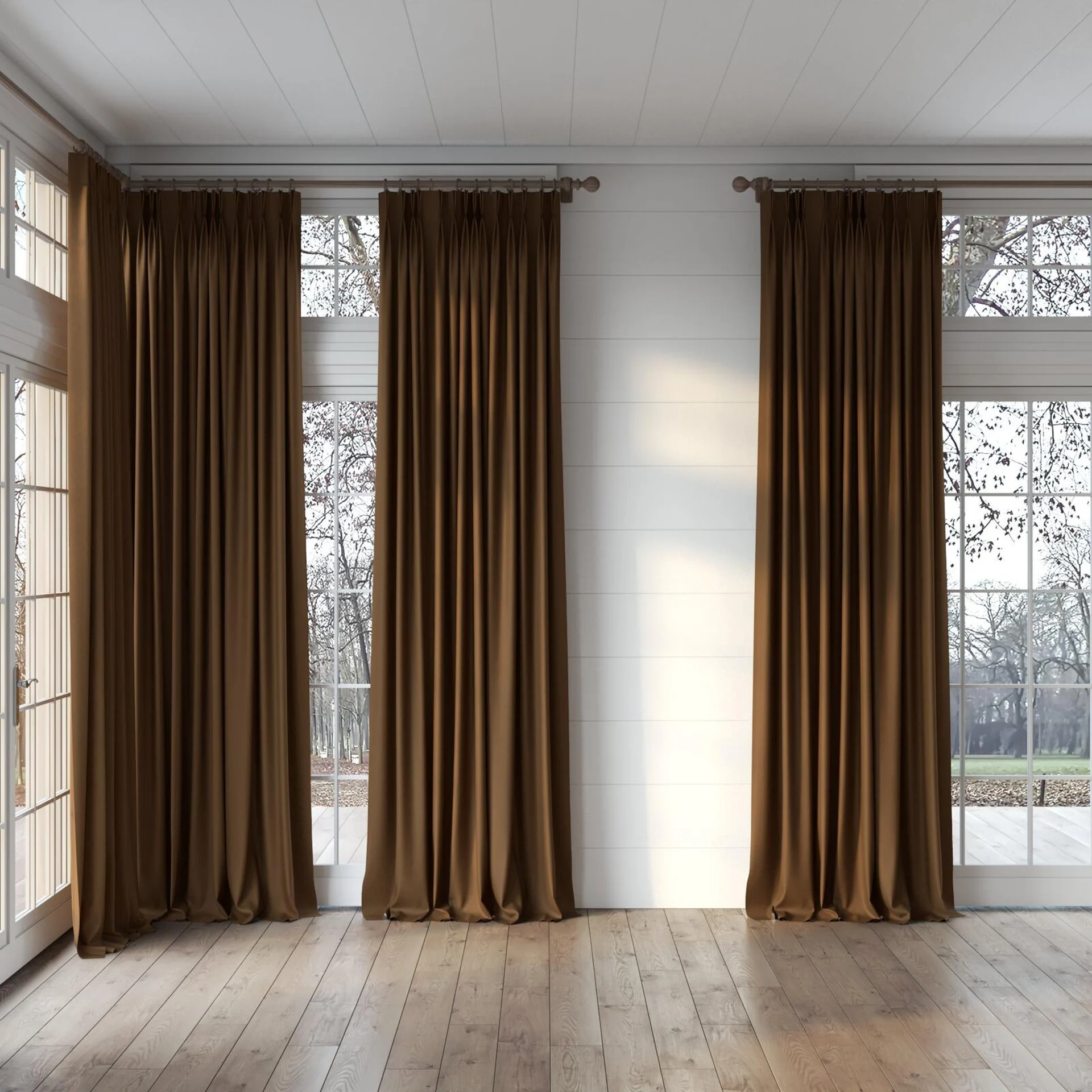 Full view of Eternal Raw Sienna, puddled, on curtain rod