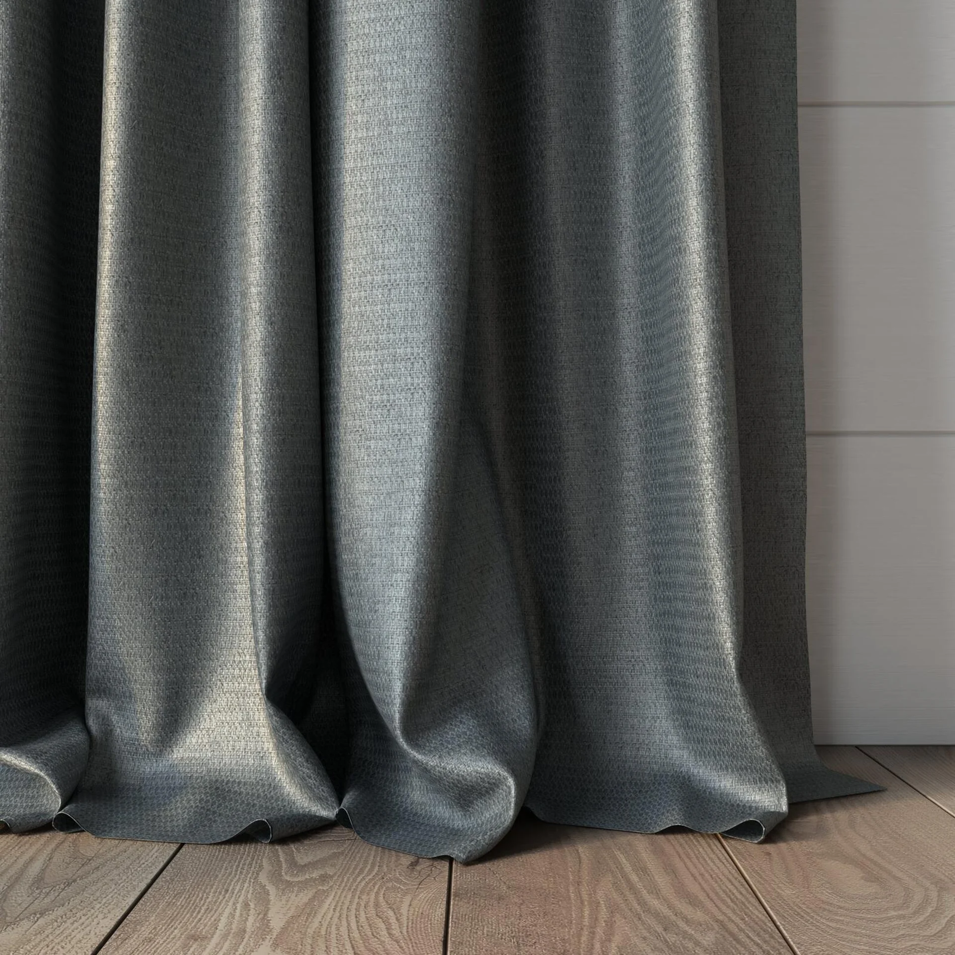 Bottom view of Kennedy II Blackout Slate, puddled, on curtain rod