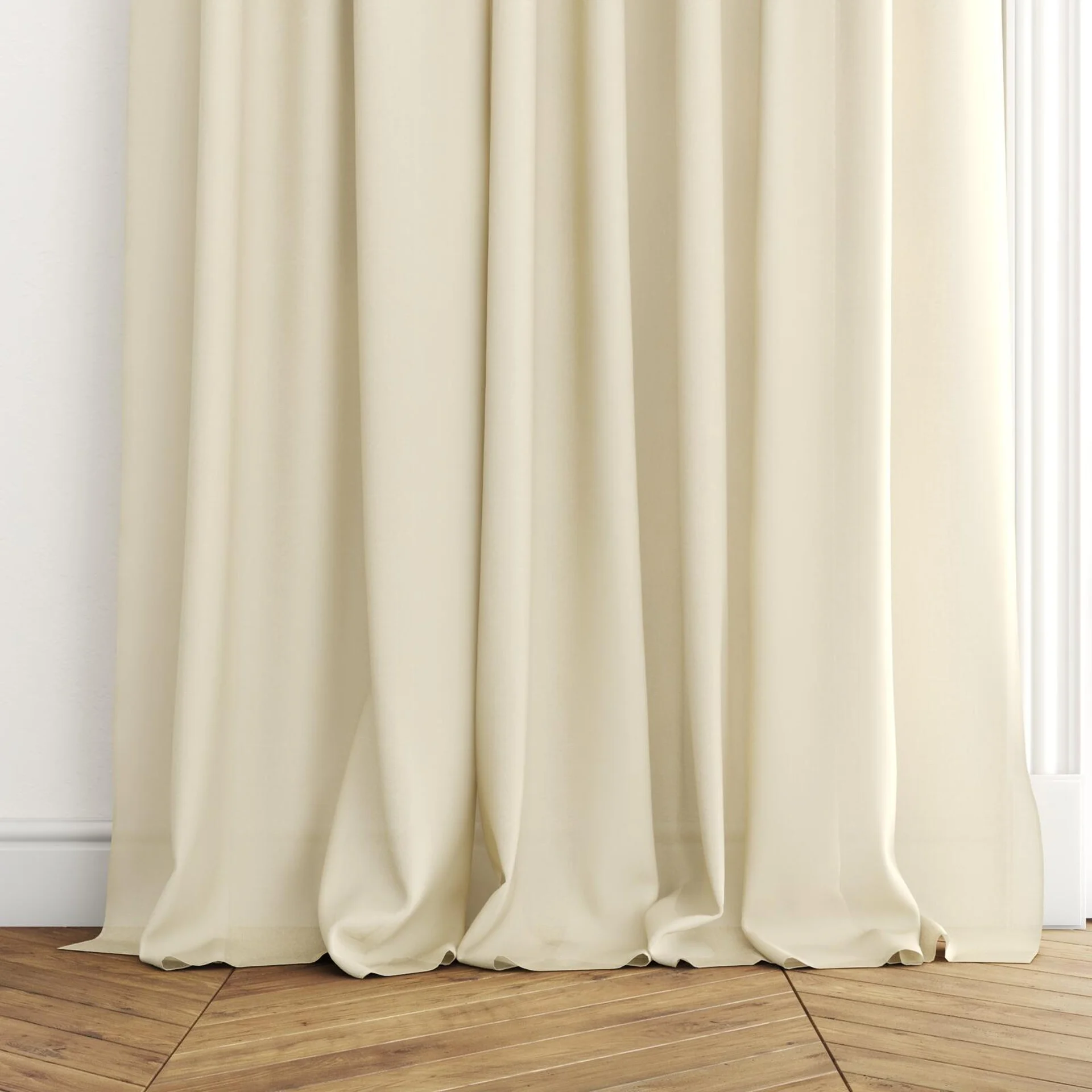 Bottom view of Gossy Caramel, puddled with pinch pleat, on curtain rod
