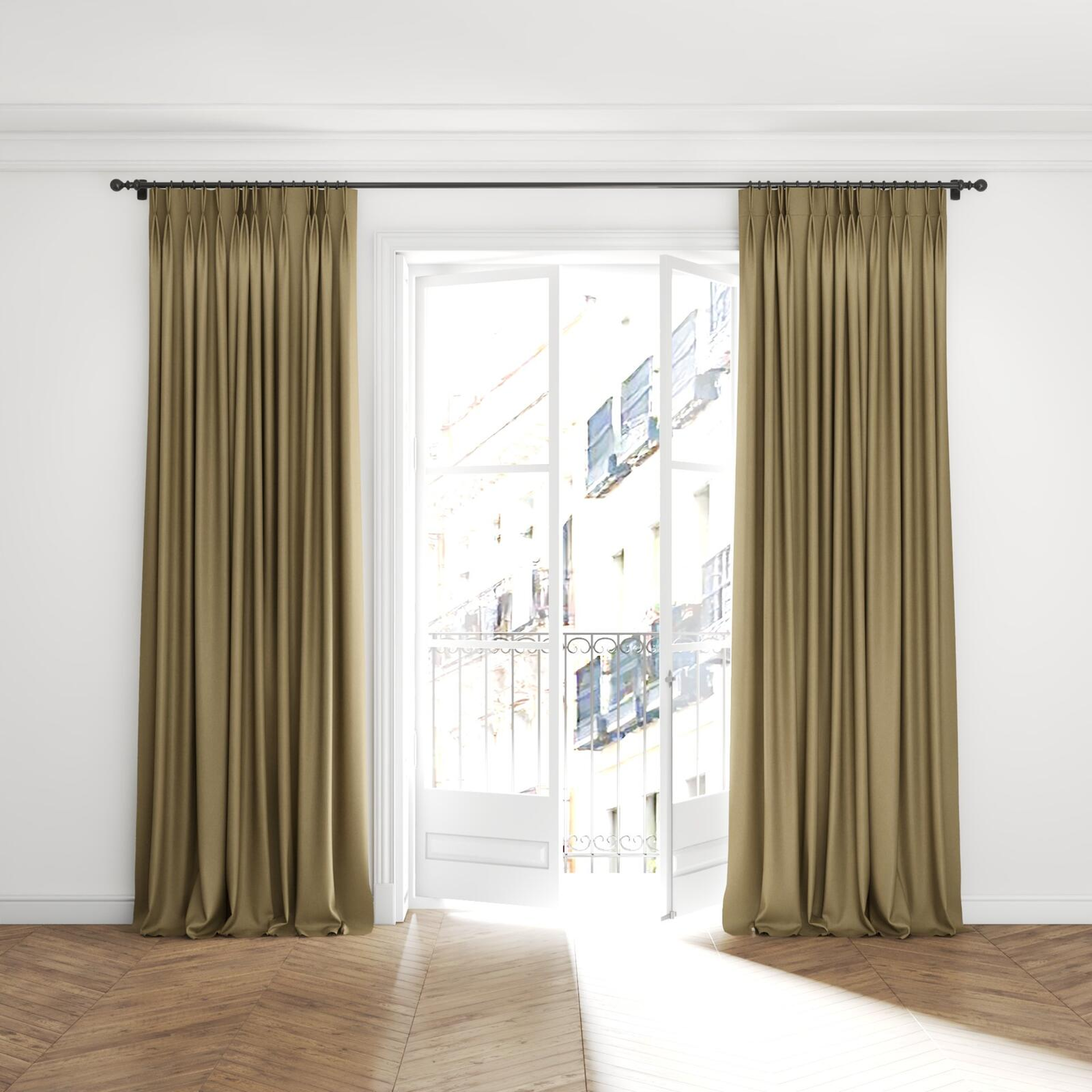 Full view of Woolly/Woolen Seagrass, puddled with pinch pleat, on curtain rod