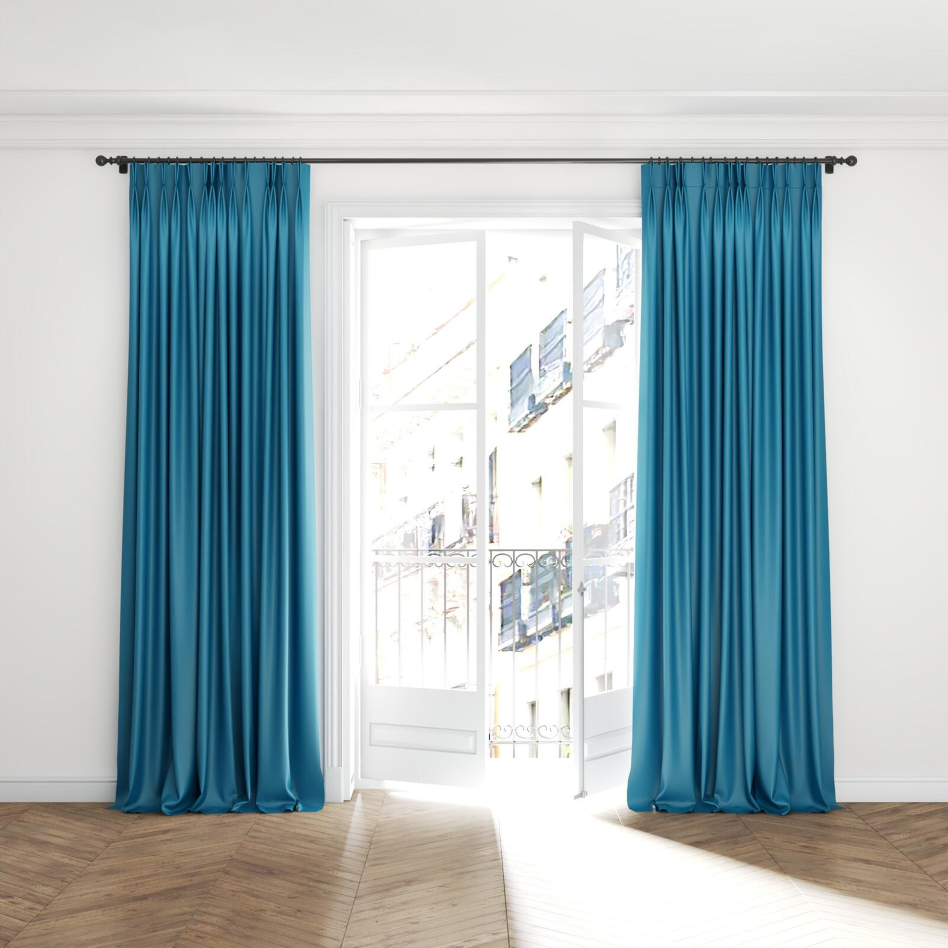 Full view of Blockbuster Teal, puddled with pinch pleat, on curtain rod