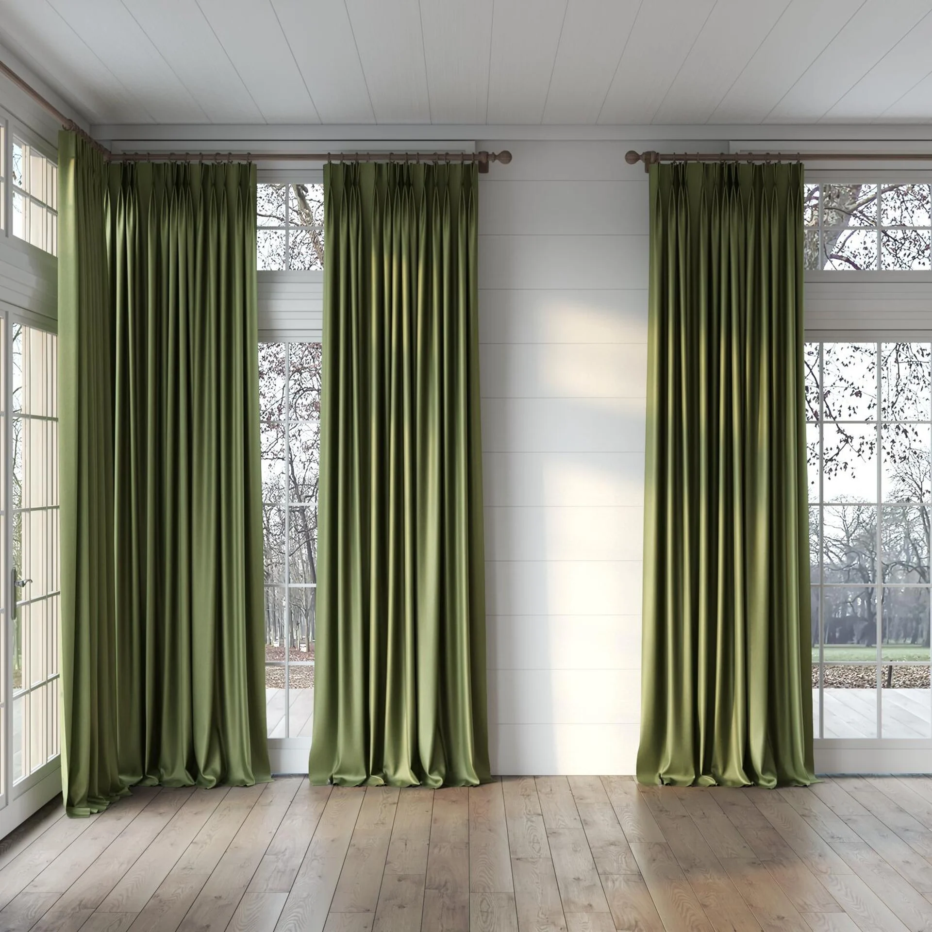 Full view of Matrix Pesto, puddled, on curtain rod