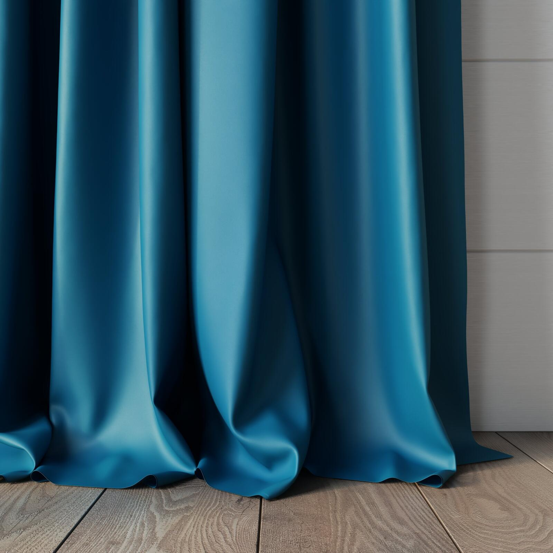 Bottom view of Blockbuster Teal, puddled, on curtain rod