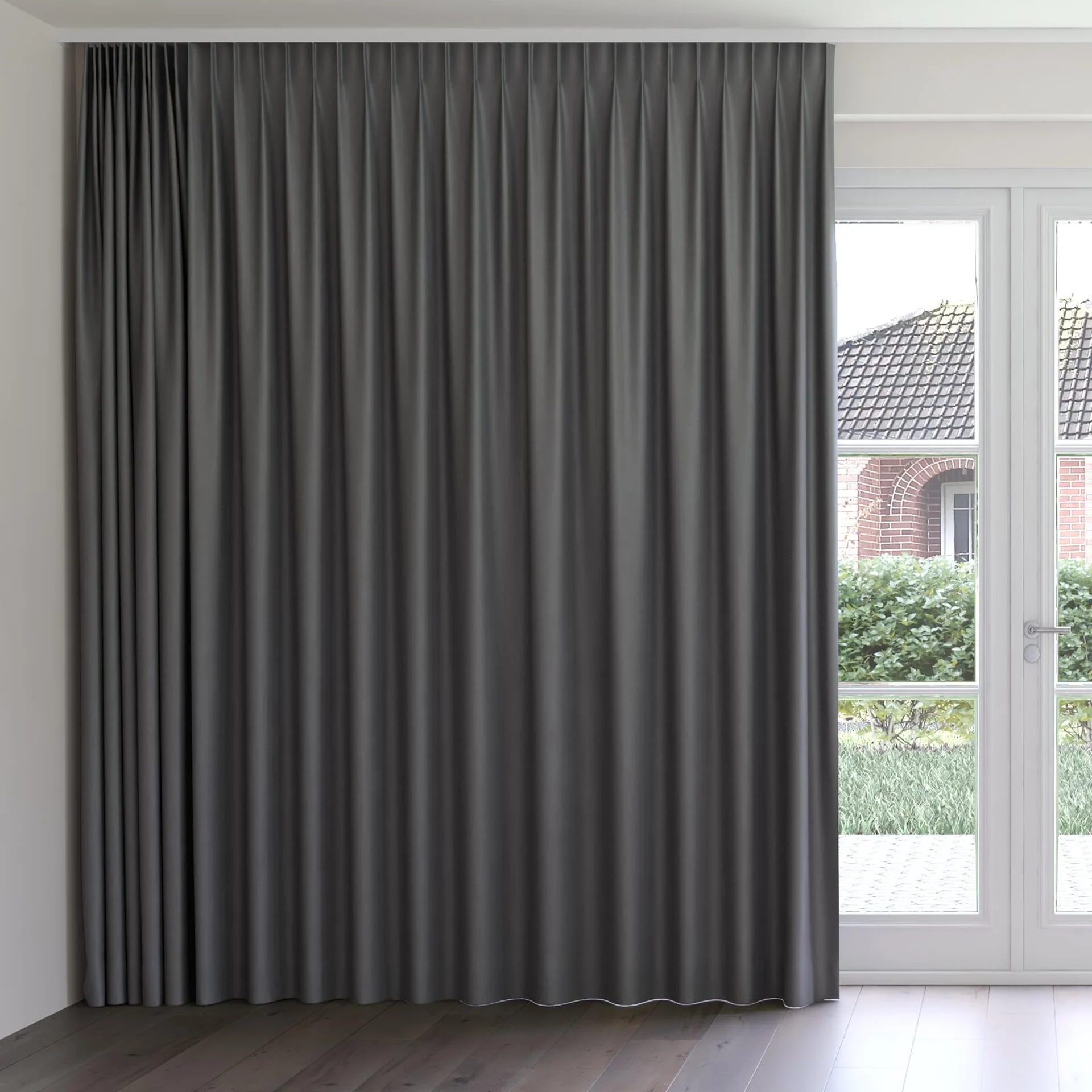 Front view of Kanvas Charcoal, on curtain rail
