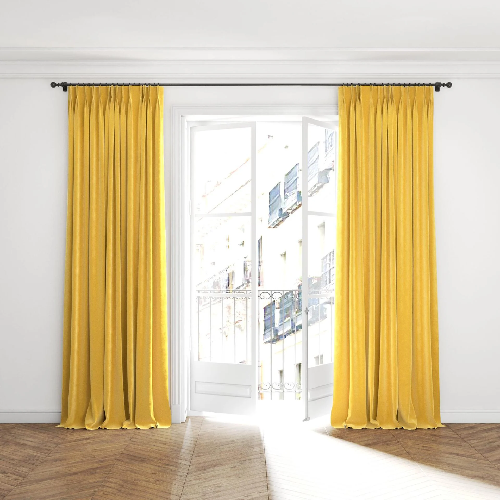 Full view of Lux Velvet Saffron 8204, puddled with pinch pleat, on curtain rod